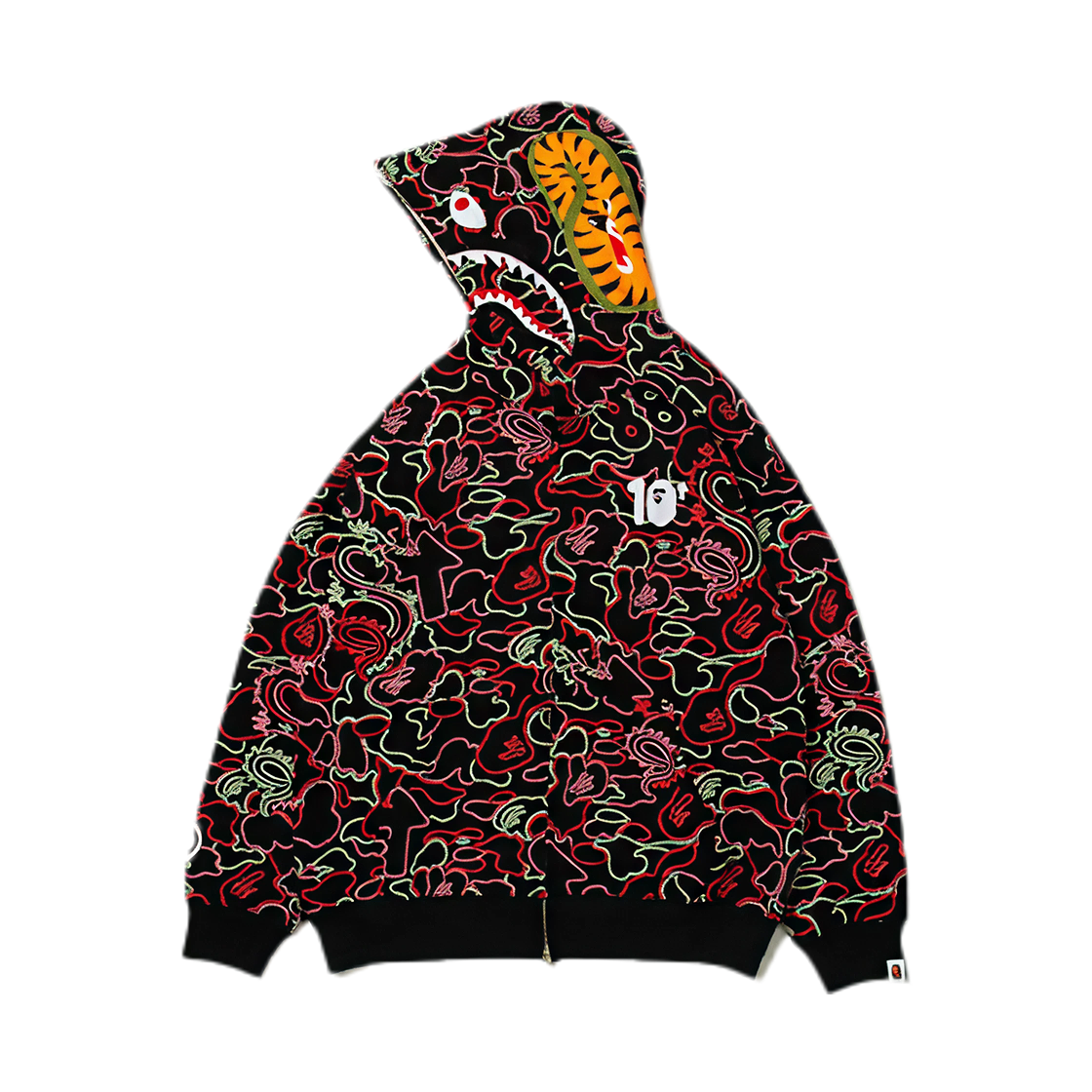 베이프 x 88Rising 글로우 인 더 다크 카모 샤크 풀 집 후드 레드(BAPE x 88Rising Glow In The Dark Camo Shark Full Zip Hoodie Red) - 2