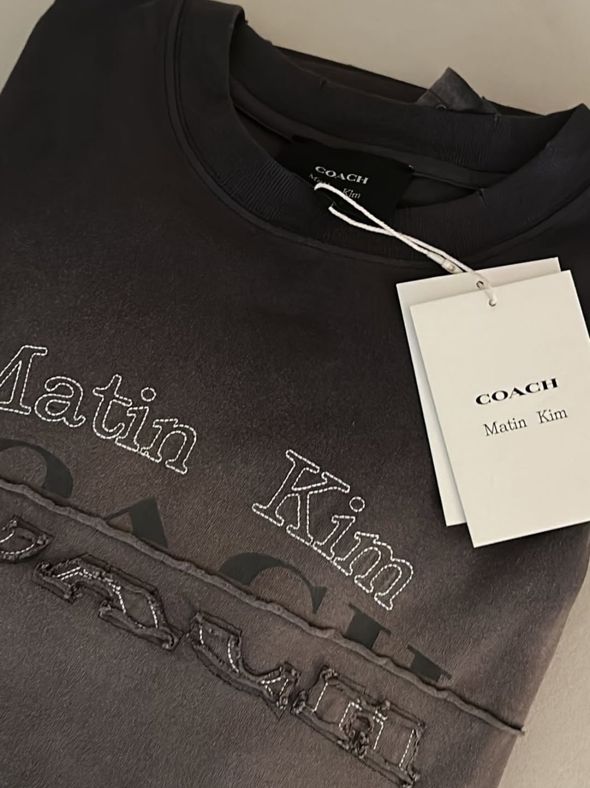 (W) Coach x Matin Kim Washed Oversized T-Shirt Charcoal, Matin Kim Accordion Wallet Silver 착용 스타일 - 3