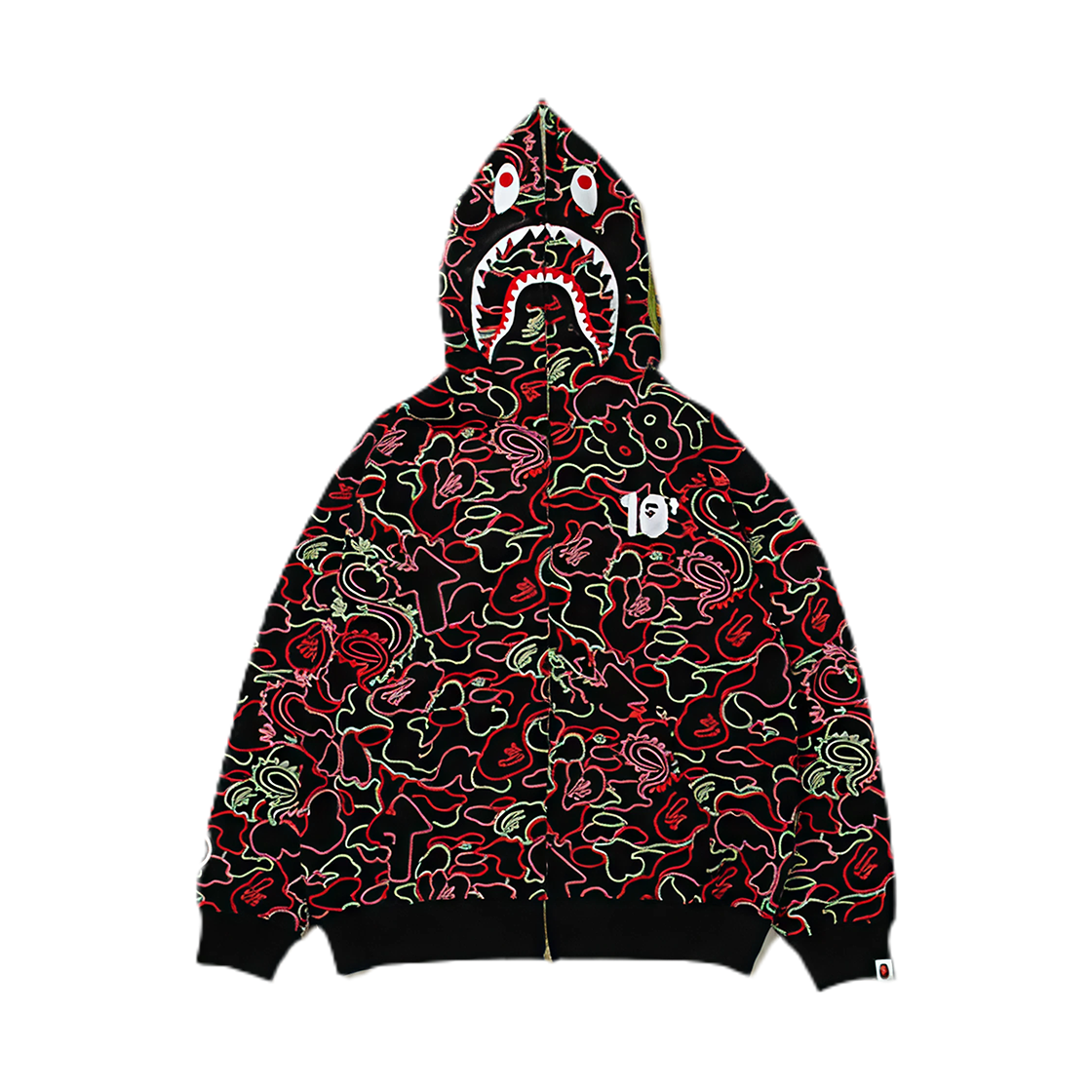 1L23-115-912 BAPE x 88Rising Glow In The Dark Camo Shark Full Zip Hoodie Red