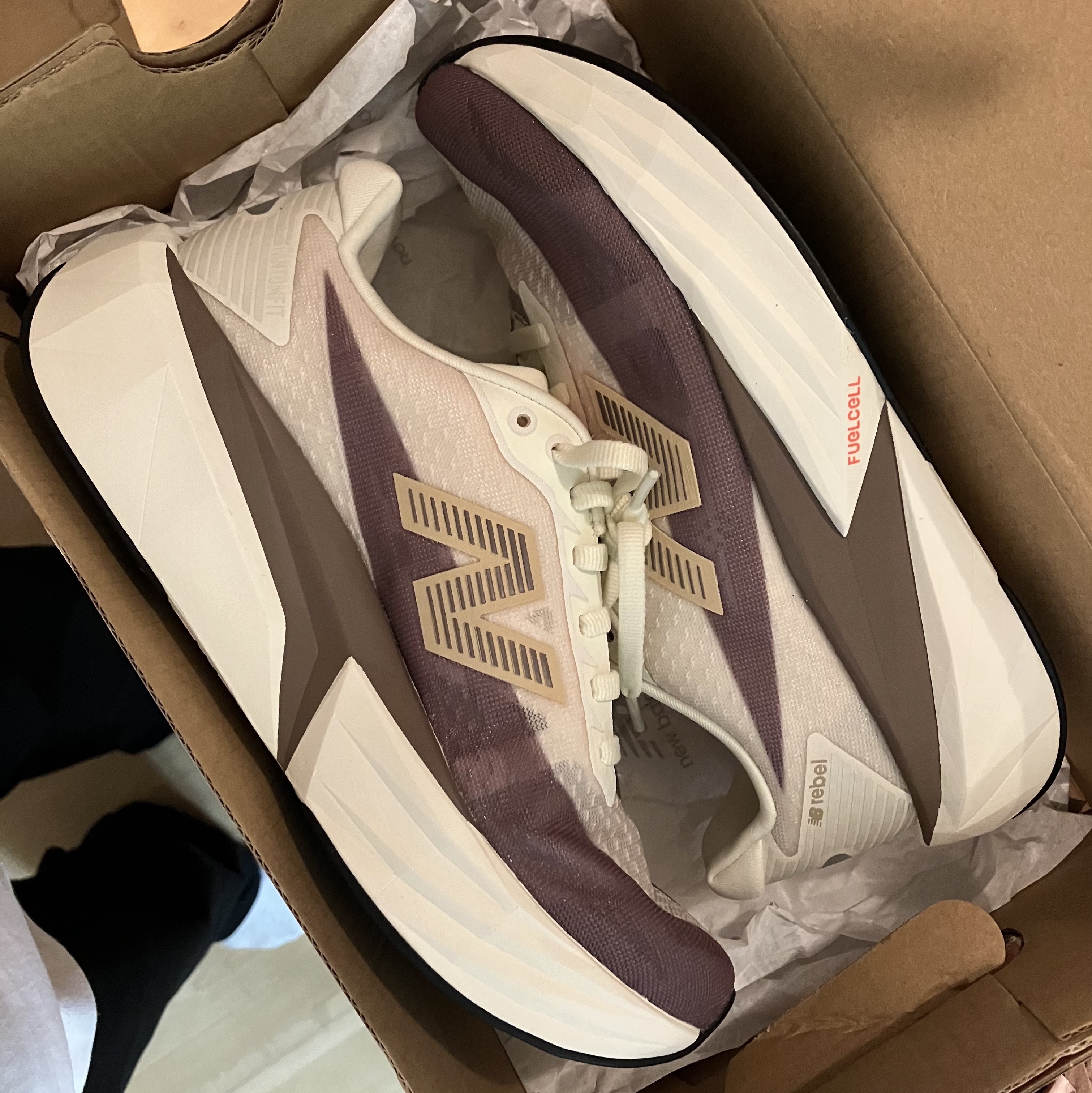 (W) New Balance FuelCell Rebel v5 Angora Earth Shadow Sea Salt - D Wide 착용 스타일