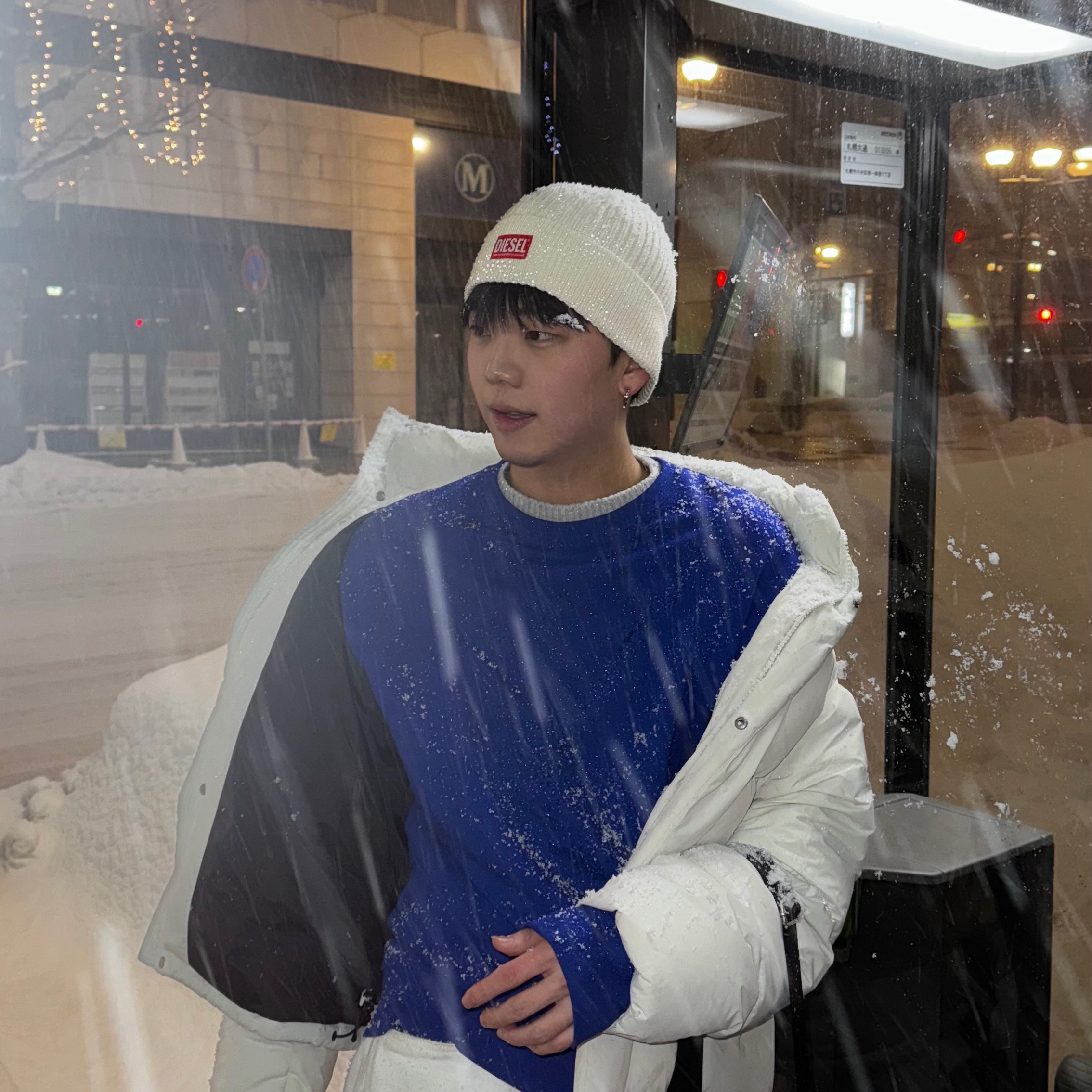 Diesel K-Coder-G 2X2 Ribbed Beanie with Logo Patch White 착용 스타일