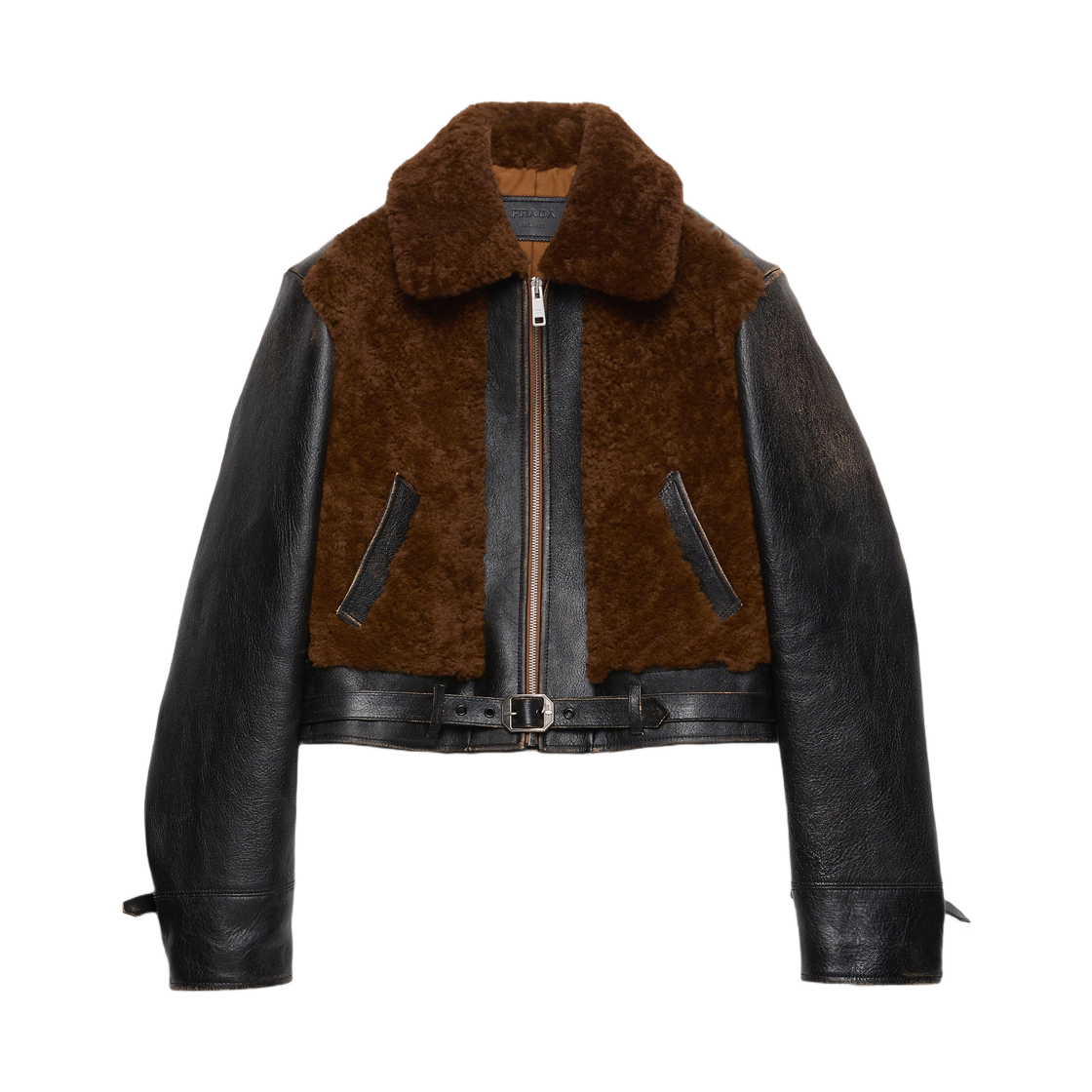 (W) 프라다 레더 앤 셔링 자켓 블랙 번트 시에나((W) Prada Leather and Shearling Jacket Black Burnt Sienna) - 1