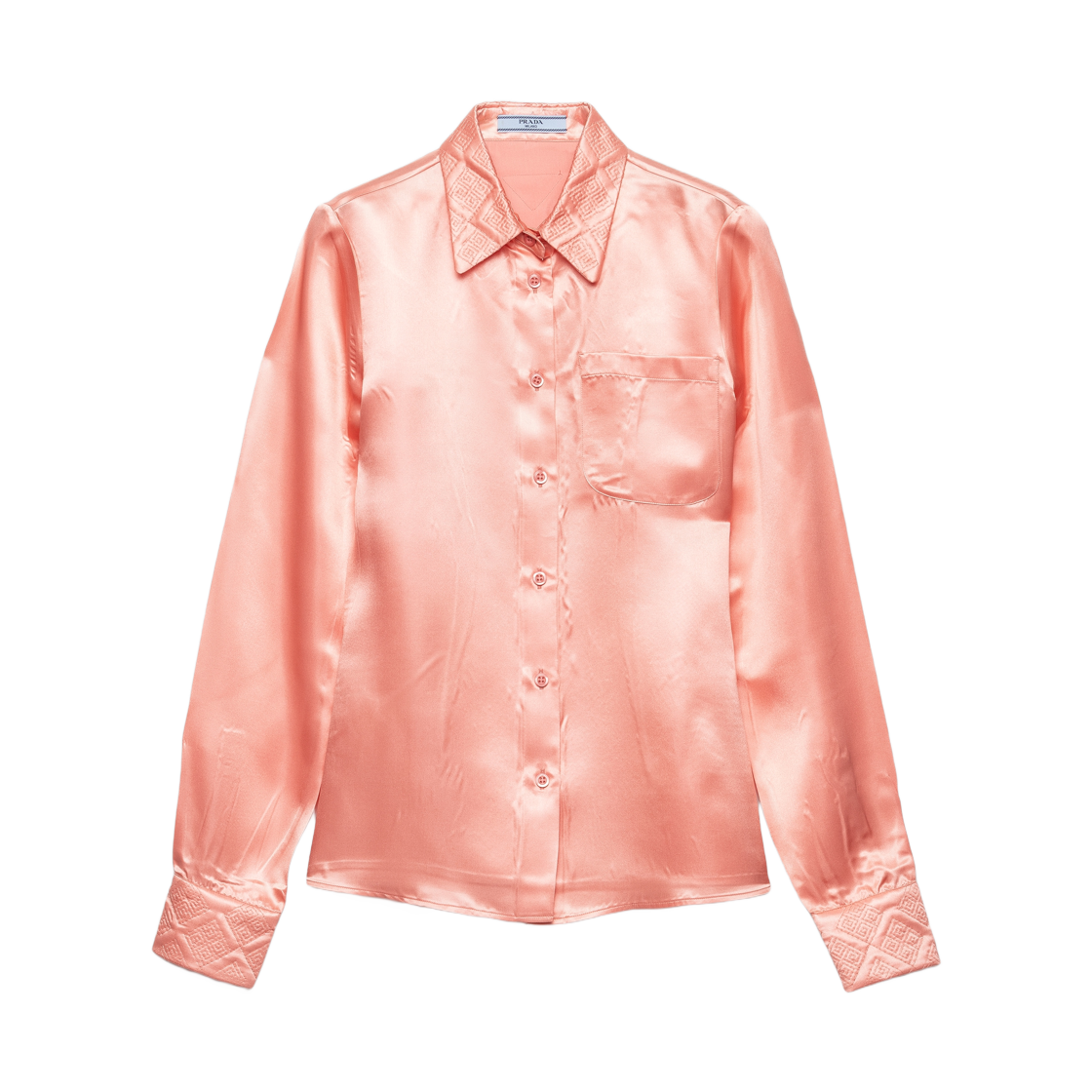 (W) 프라다 자수 워시드 사틴 셔츠 코랄((W) Prada Embroidered Washed Satin Shirt Coral) - 1