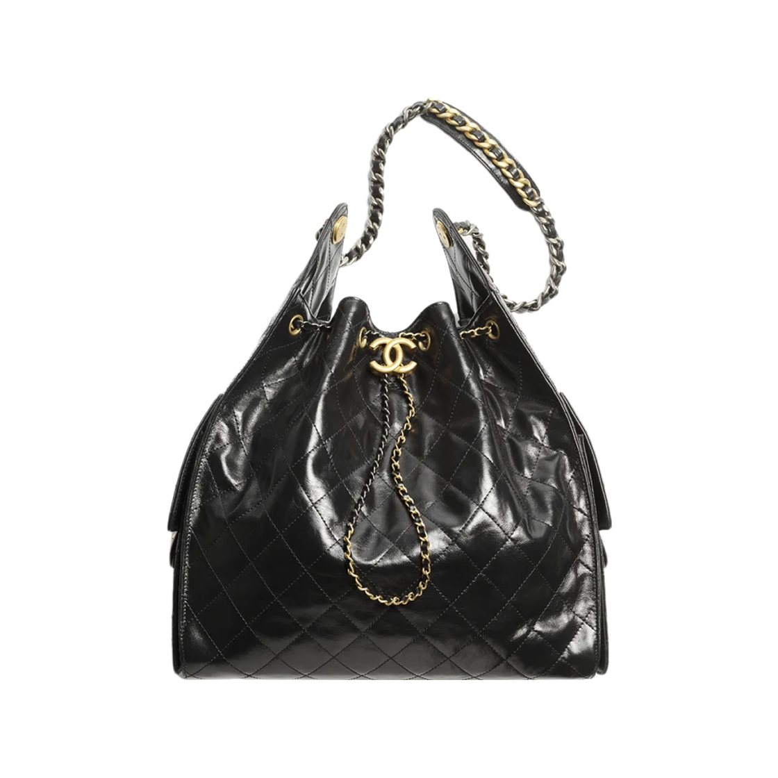 AS5311-B21741-94305 Chanel 25 Medium Handbag Shiny Crumpled Calfskin & Gold Ruthenium Finish Black