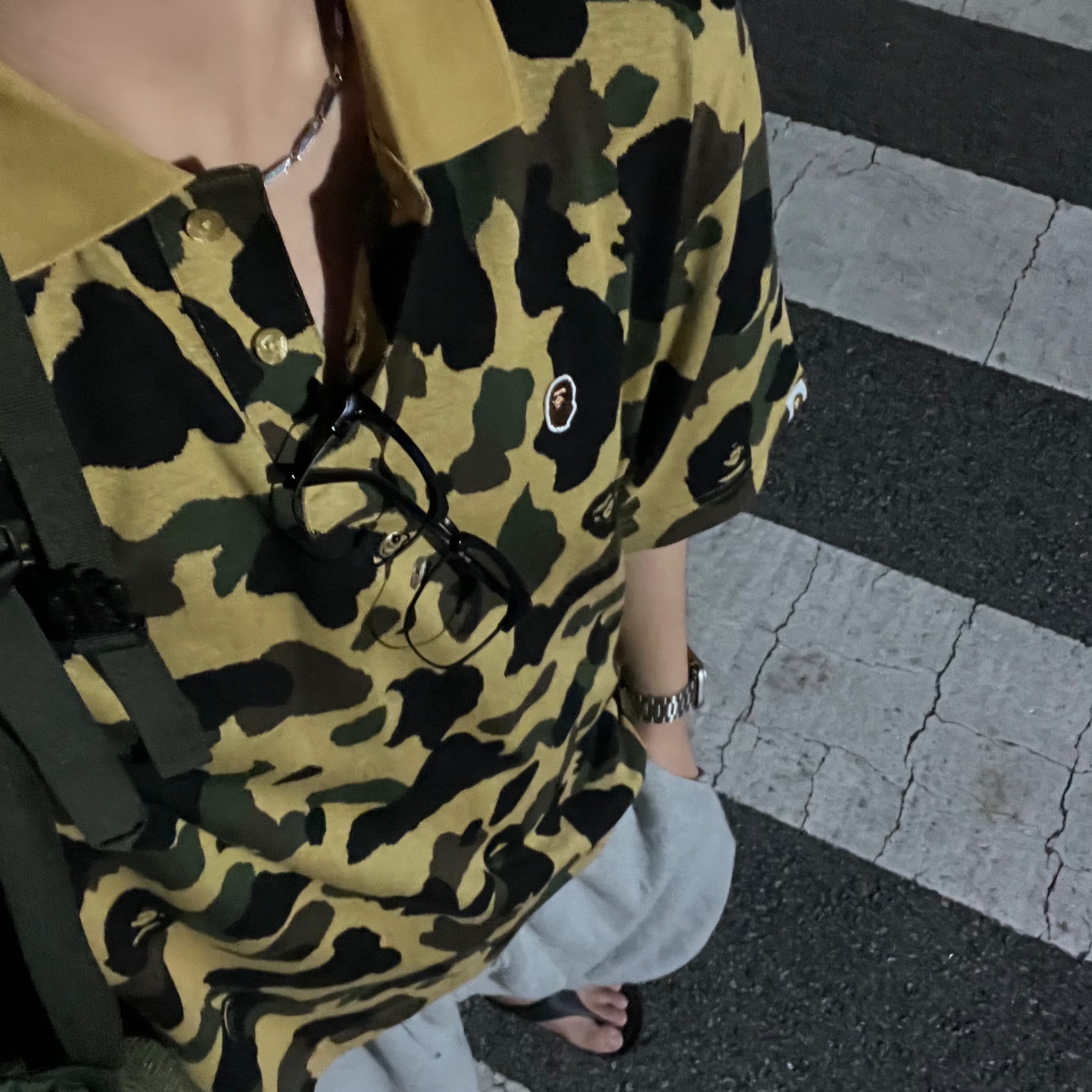 BAPE 1st Camo Jacquard Relax Fit Polo Shirt Yellow 착용 스타일