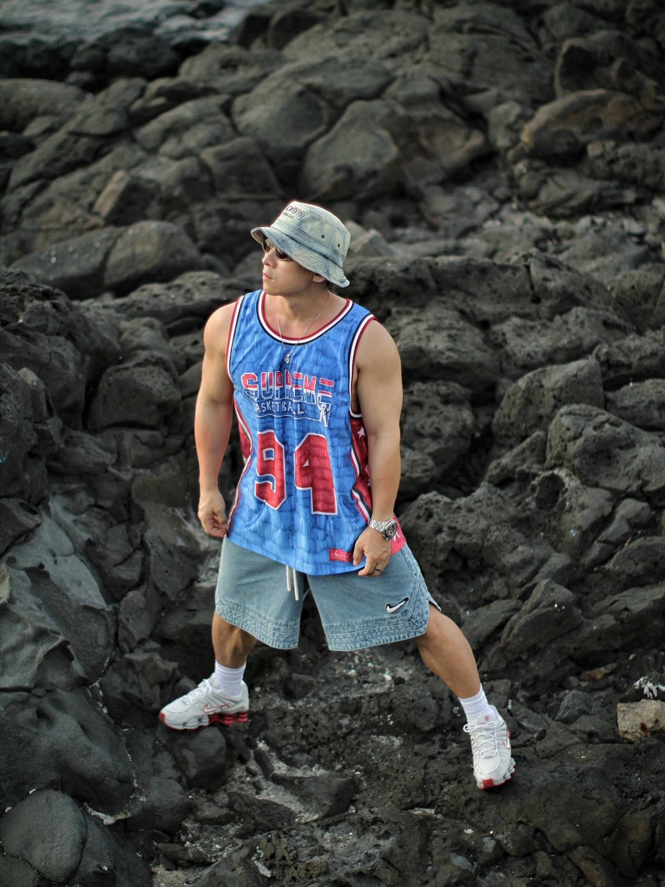 Supreme Chino Twill Crusher Dirty Indigo - 24SS, Supreme Marker Basketball Jersey Multicolor - 25SS 착용 스타일 - 2