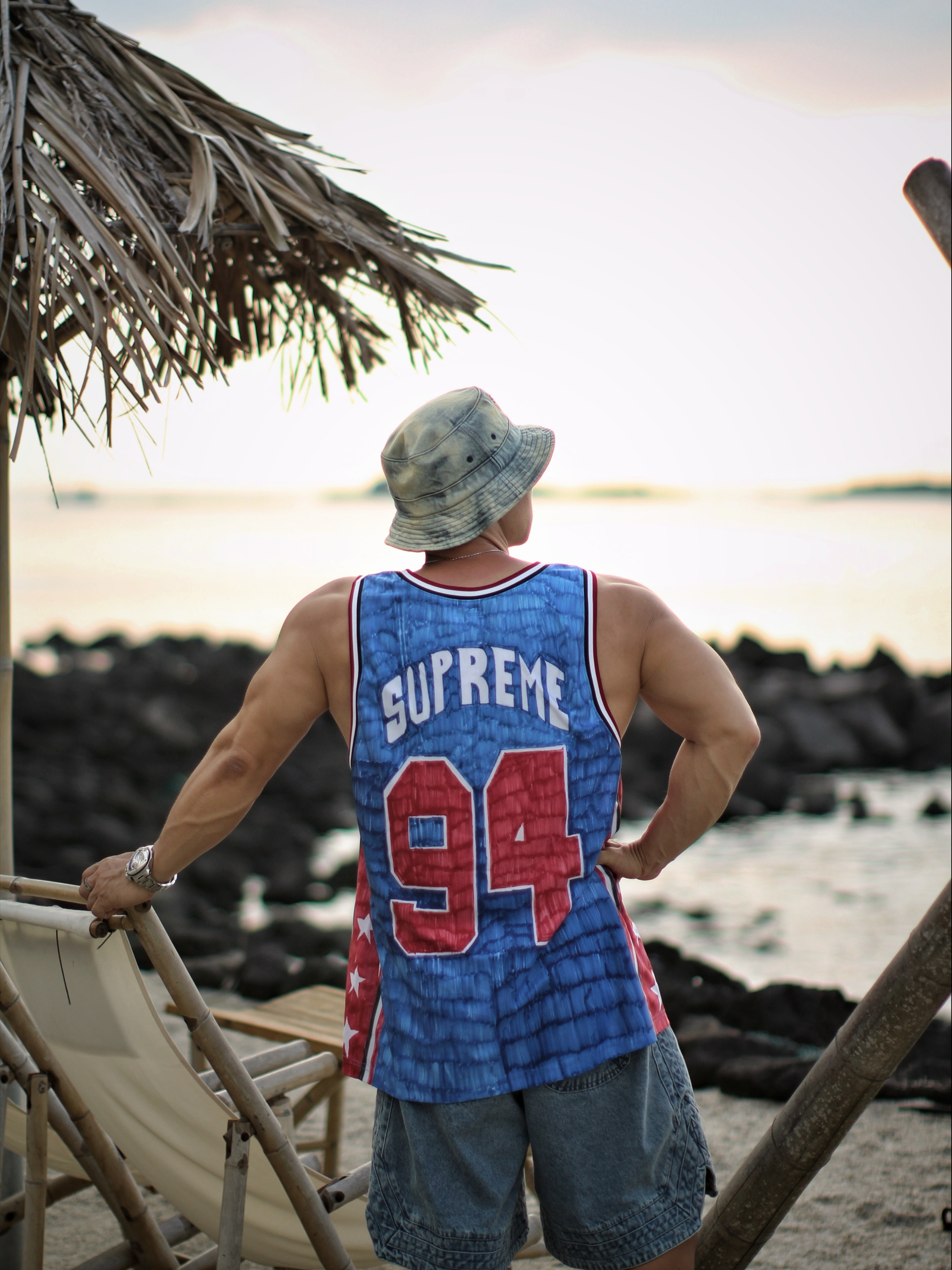 Supreme Chino Twill Crusher Dirty Indigo - 24SS, Supreme Marker Basketball Jersey Multicolor - 25SS 착용 스타일 - 1