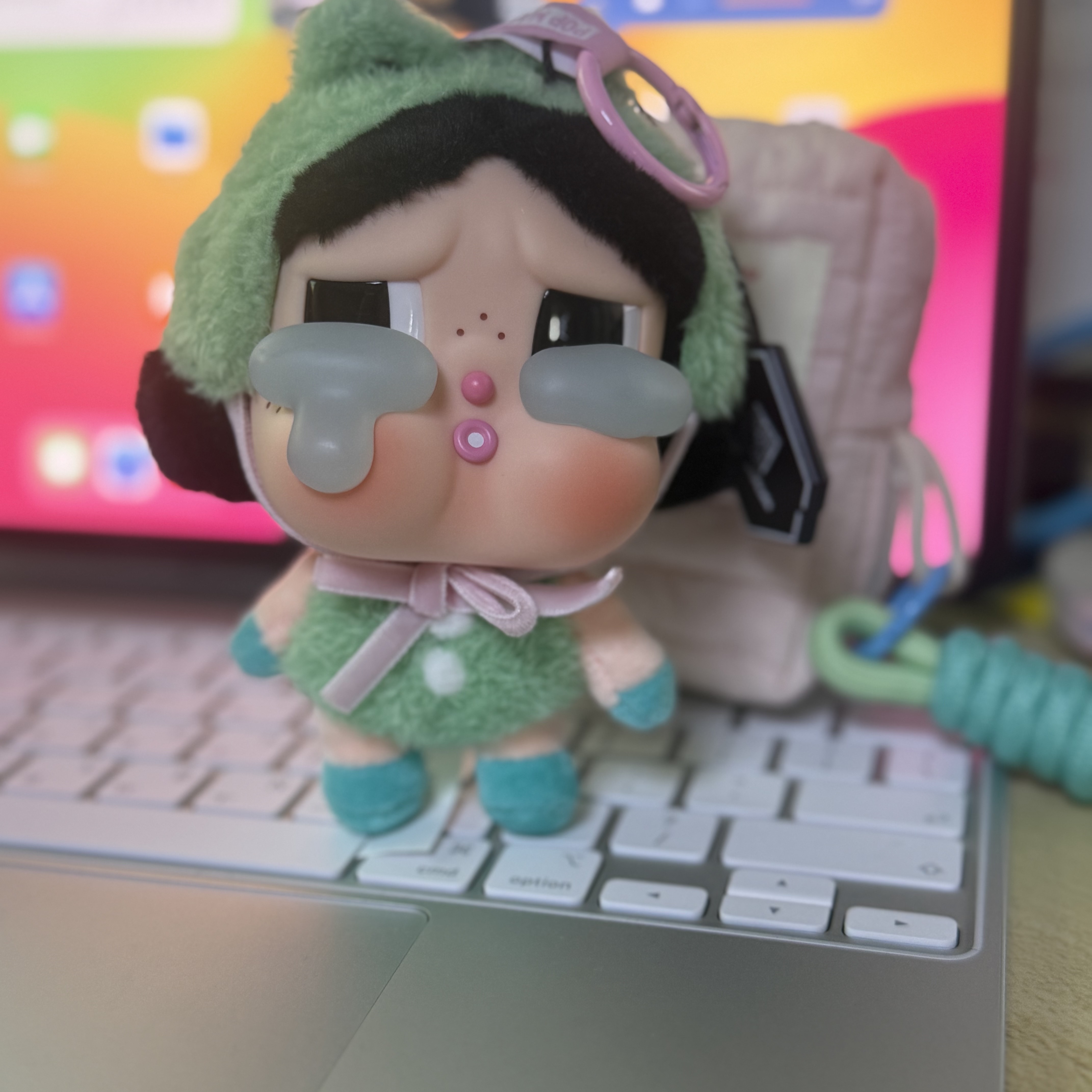 Pop Mart Crybaby Crying Again Series Plush Keyring What A Frog (Opened Case) 착용 스타일