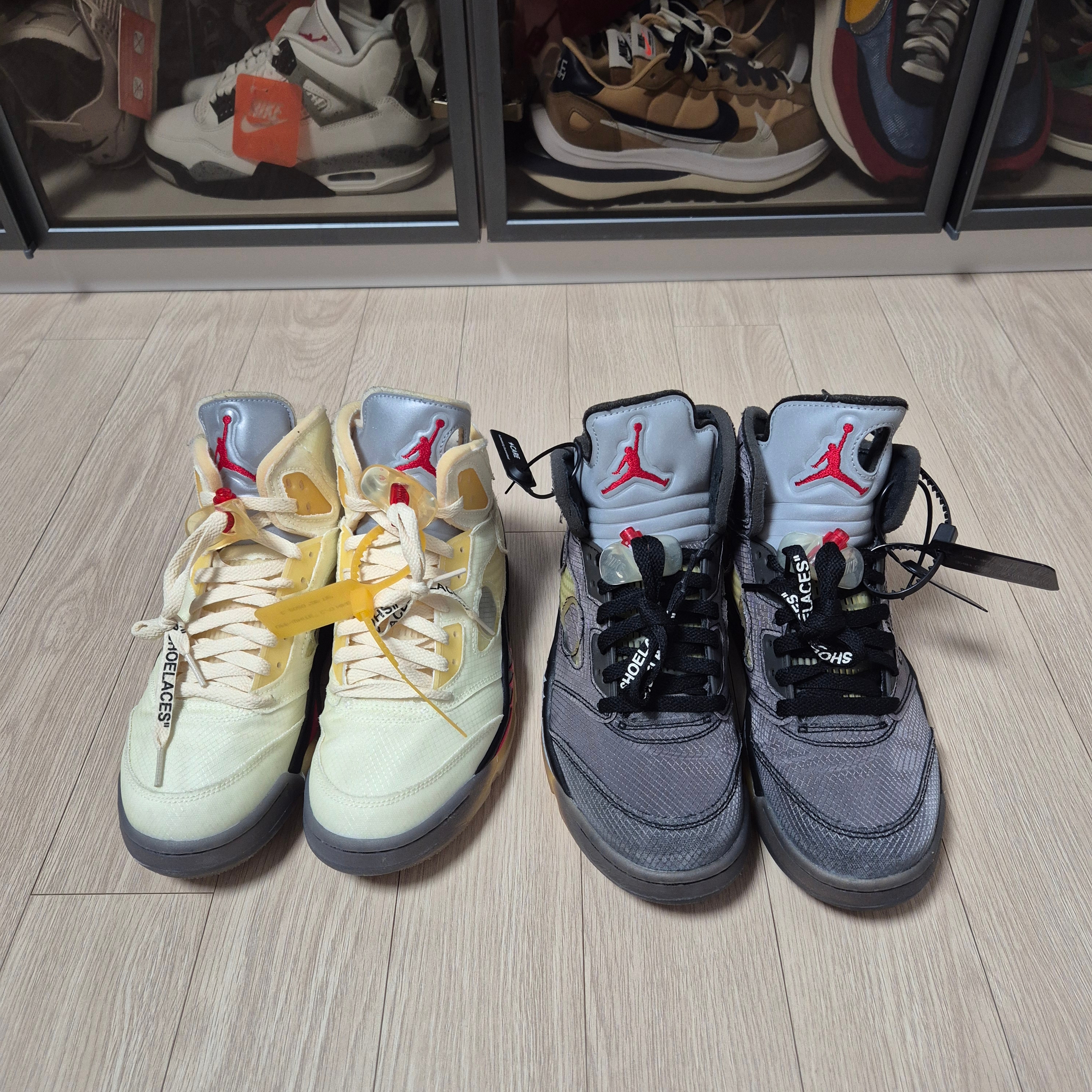 Jordan 5 x Off-White Retro SP Black Muslin, Jordan 5 x Off-White Retro SP Sail Fire Red 착용 스타일 - 1