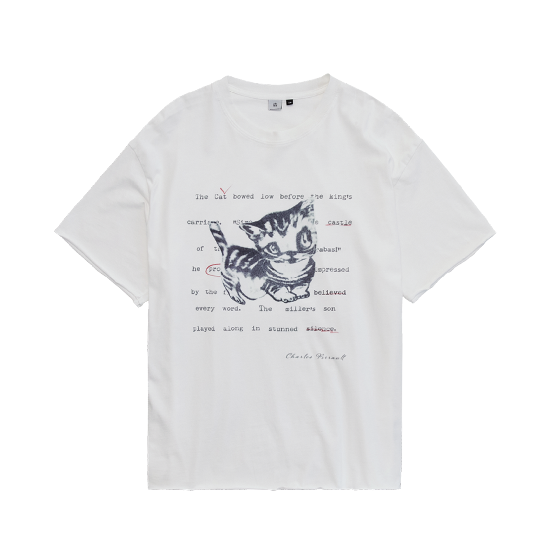 HK5LTS7003E9 Polyteru HANK Doodle Cat 1/2 Tee Raw Cut White