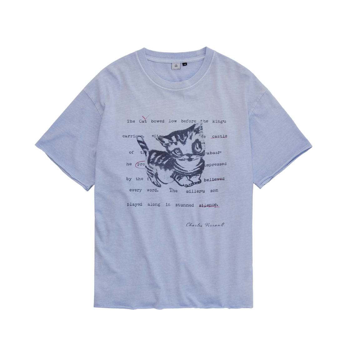 폴리테루 행크 두들 캣 1/2 티 로우 컷 라이트 블루(Polyteru HANK Doodle Cat 1/2 Tee Raw Cut Light Blue) - 1