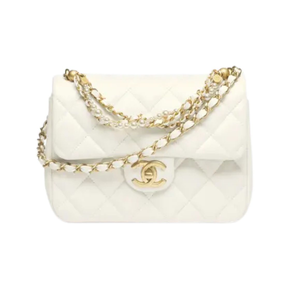 샤넬 미니 플랩백 샤이니 램스킨 & 이미테이션 펄 골드 메탈 에크루(Chanel Mini Flap Bag Shiny Lambskin & Imitation Pearls Gold Ecru) - 1
