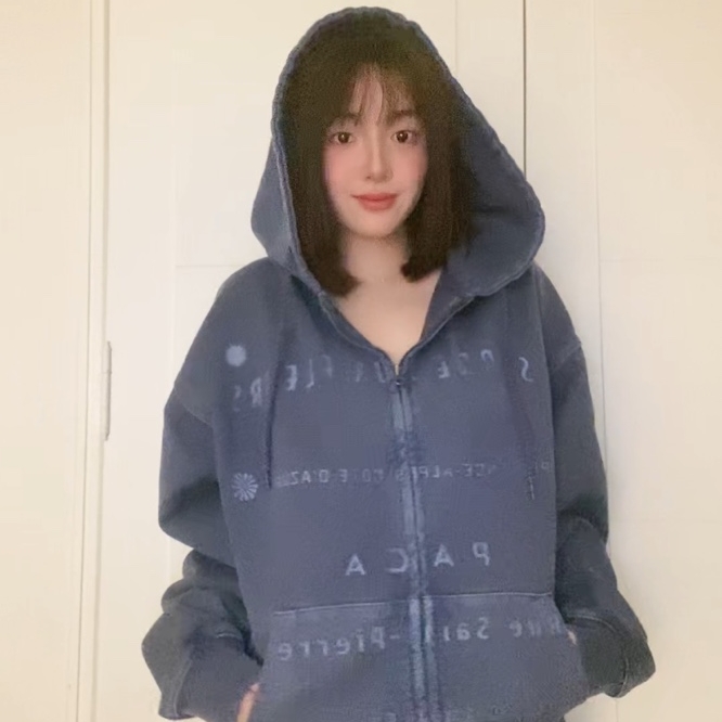 AMOU Pigment 2Way Hoodie Zip Up Navy 착용 스타일 - 2