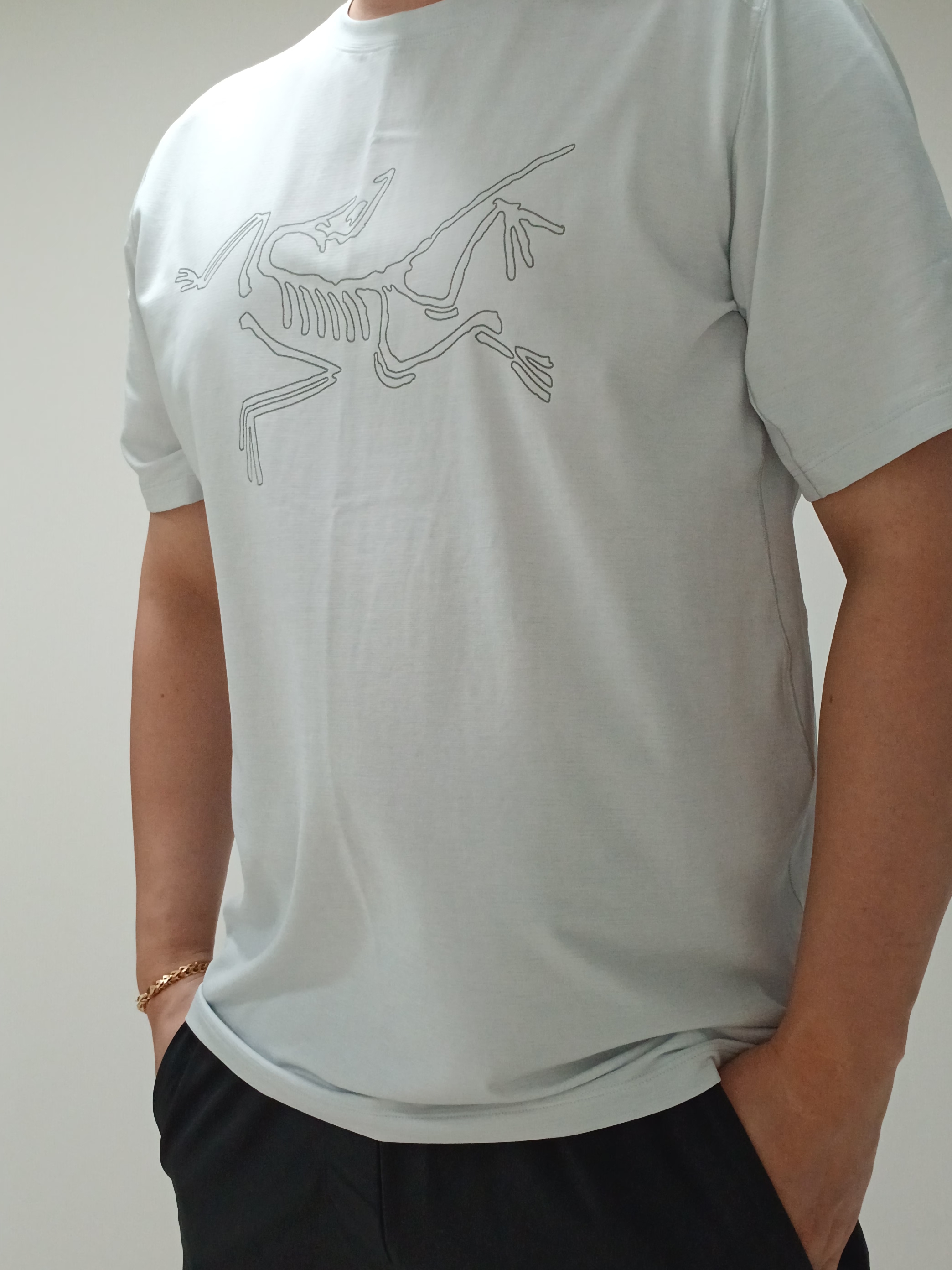 Arc'teryx Cormac Logo SS T-Shirt Atmos Heather, Lululemon Pace Breaker Linerless Shorts 5 Inch Black 착용 스타일 - 2
