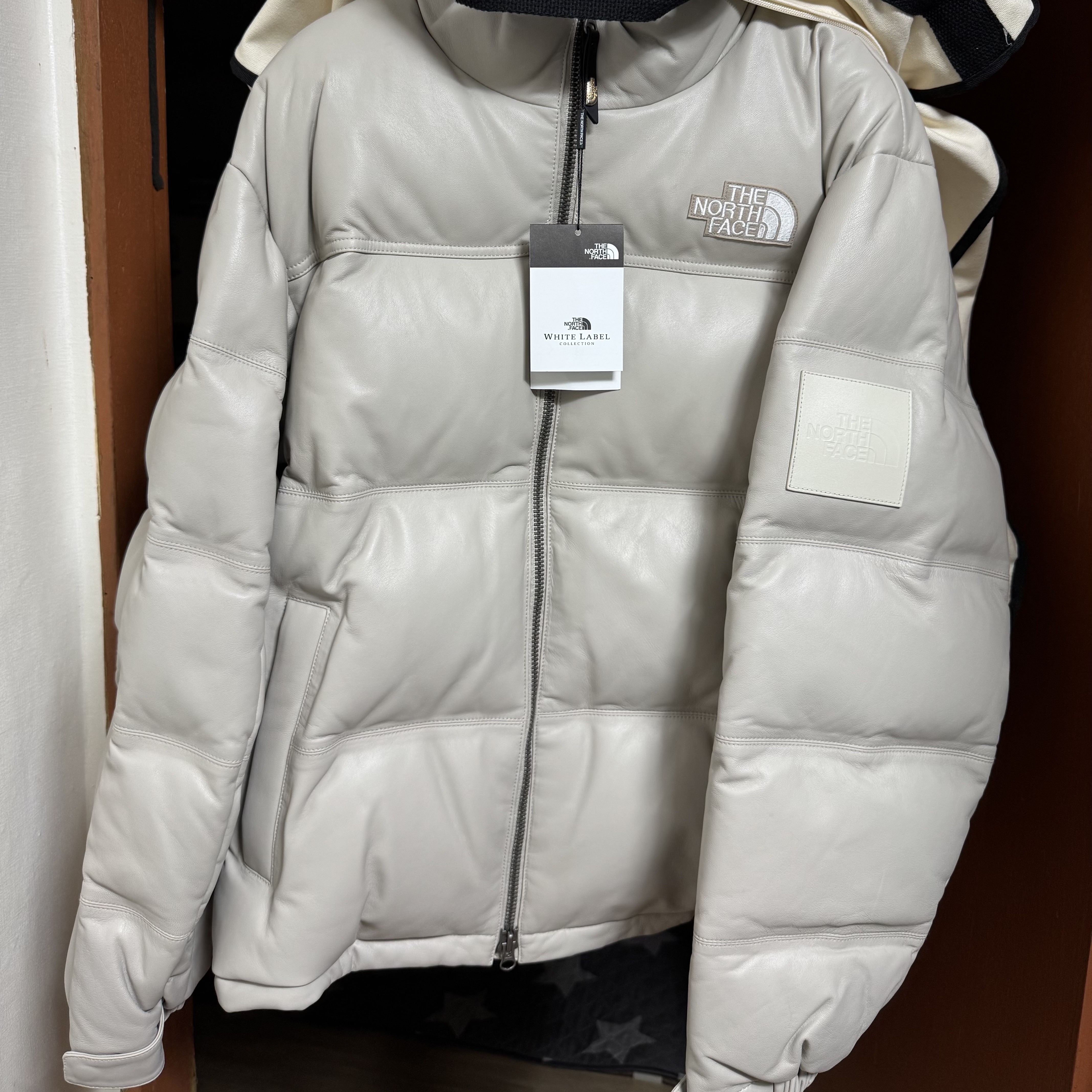 The North Face White Label Leather Nuptse Down Jacket Beige 착용 스타일 - 1