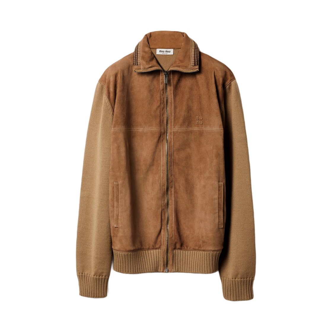 (W) 미우 미우 울 앤 레더 지퍼 가디건 카멜 시나몬((W) Miu Miu Wool And Leather Zipper Cardigan Camel Cinnamon)