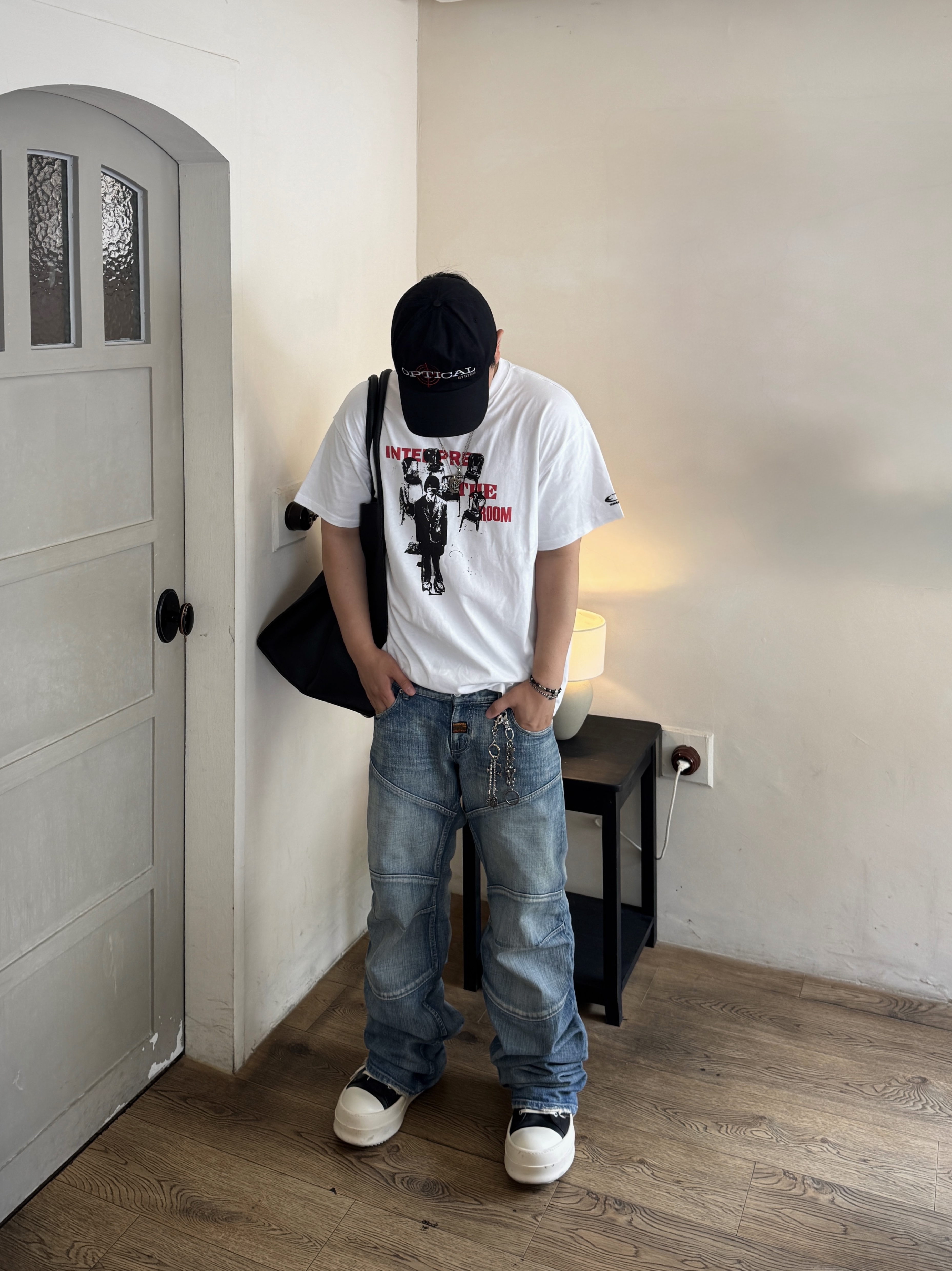 Rick Owens Luxor Mega Bumper Sneakers Black Milk, Balenciaga Fitted Low Waist Pants Light Blue 착용 스타일