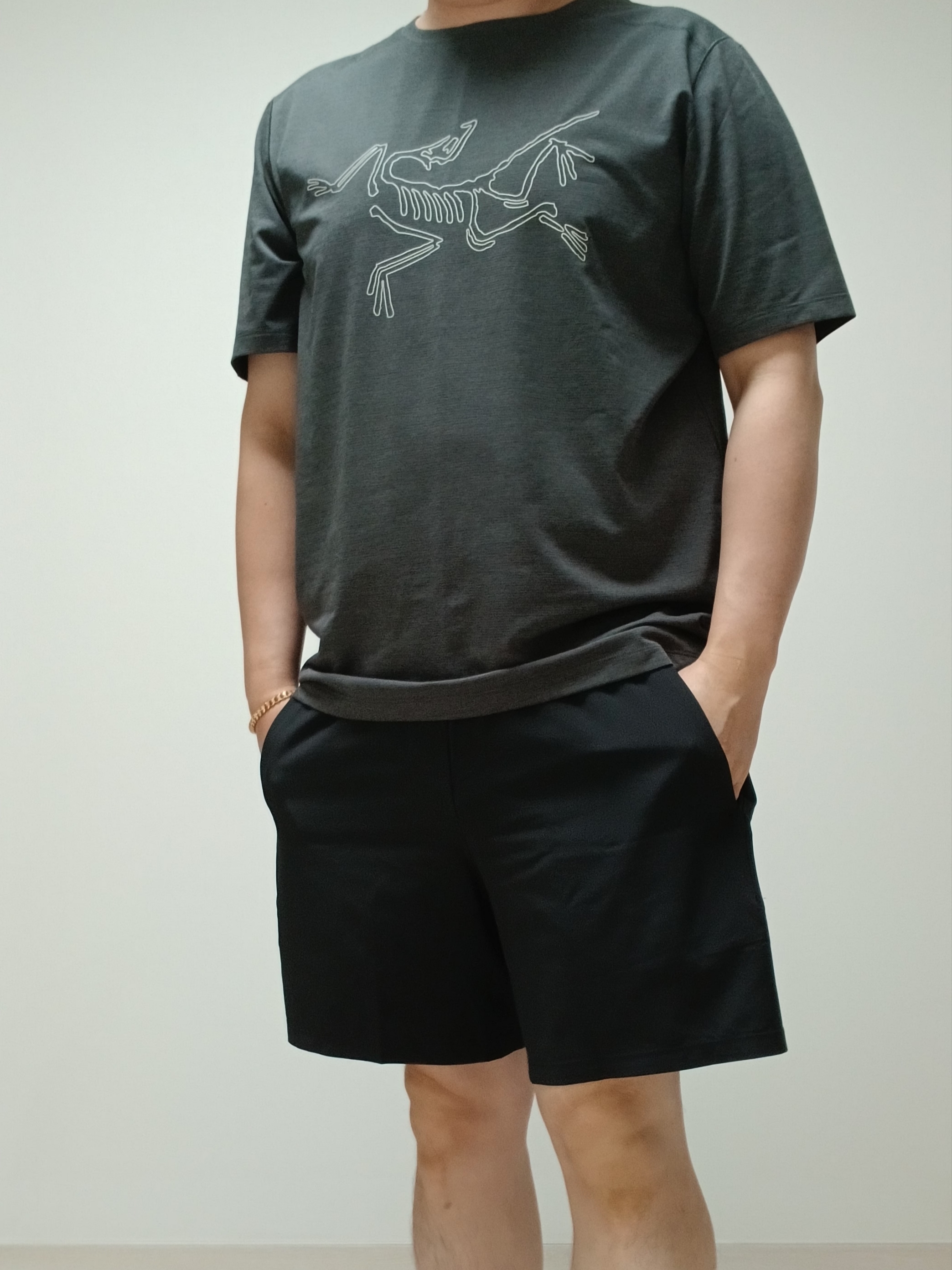 Arc'teryx Cormac Logo SS T-Shirt Black Heather, Lululemon Pace Breaker Linerless Shorts 5 Inch Black 착용 스타일 - 4