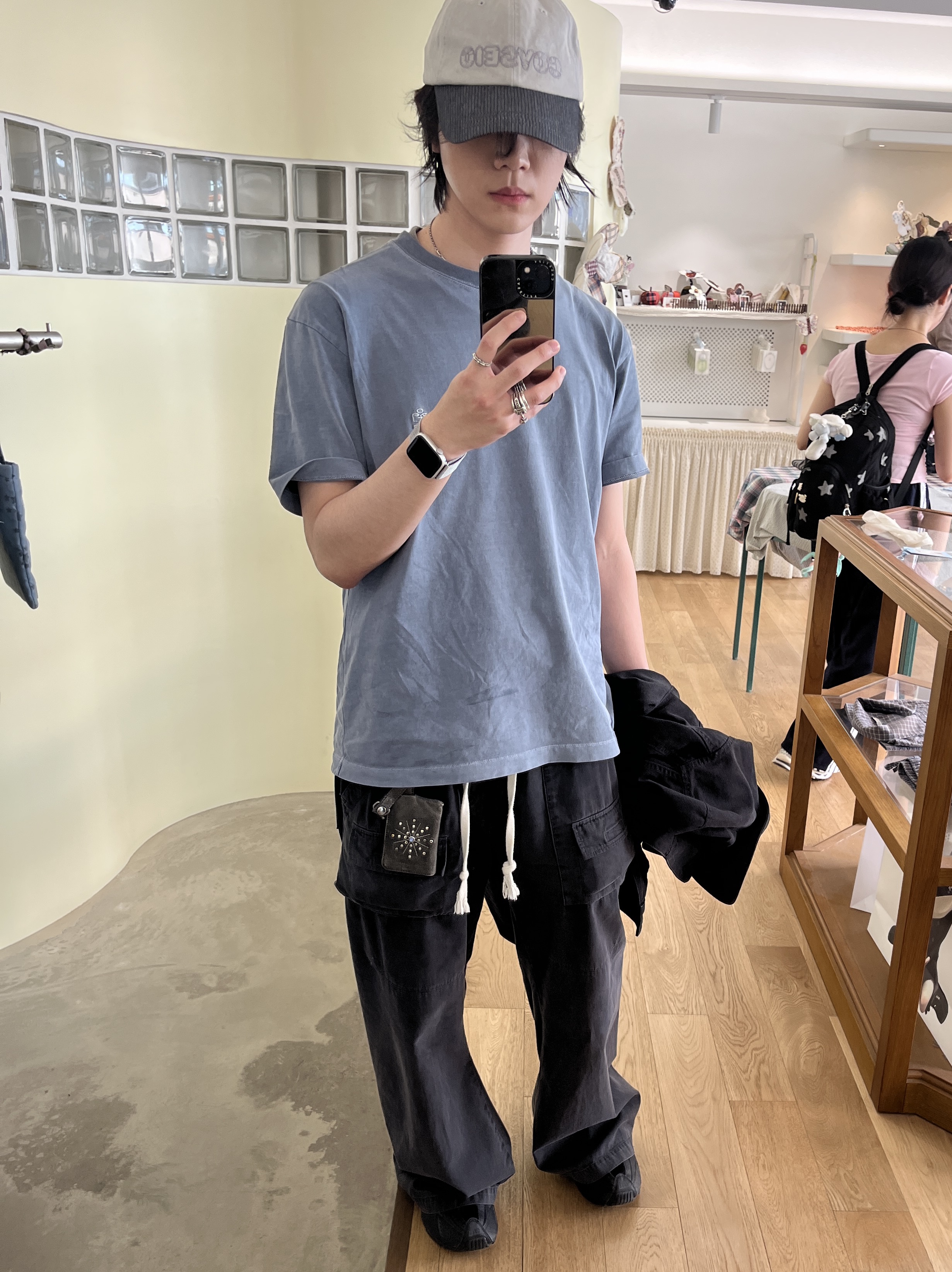 Polyteru Human Index Human Regular 1/2 T-Shirt Dyed Blue, Polyteru Front Cargo Pants 1.2v Black 착용 스타일
