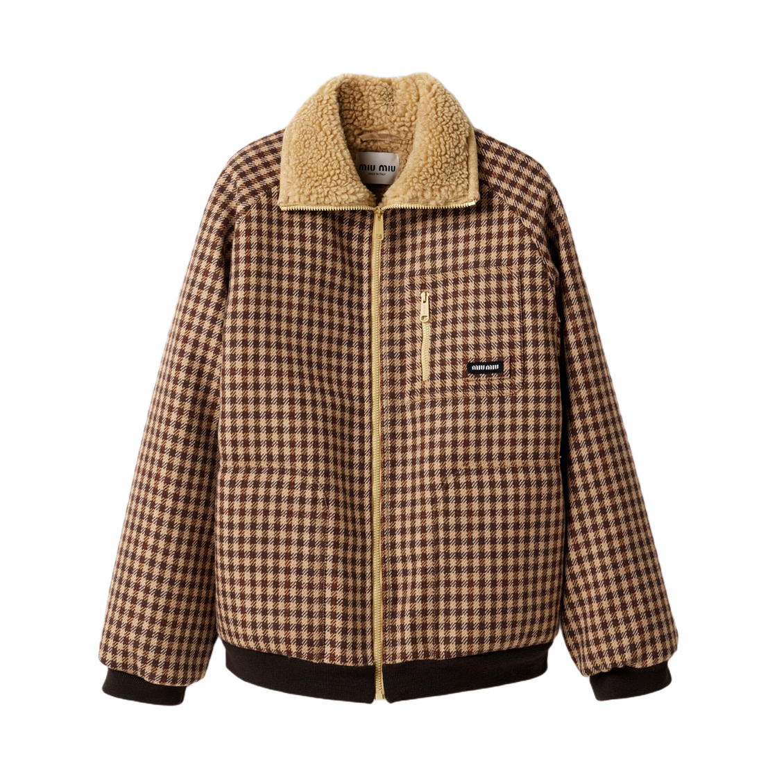 ML1358-18AA-F049P (W) Miu Miu Fleece-Lined Checked Blouson Jacket Camel Cocoa Brown