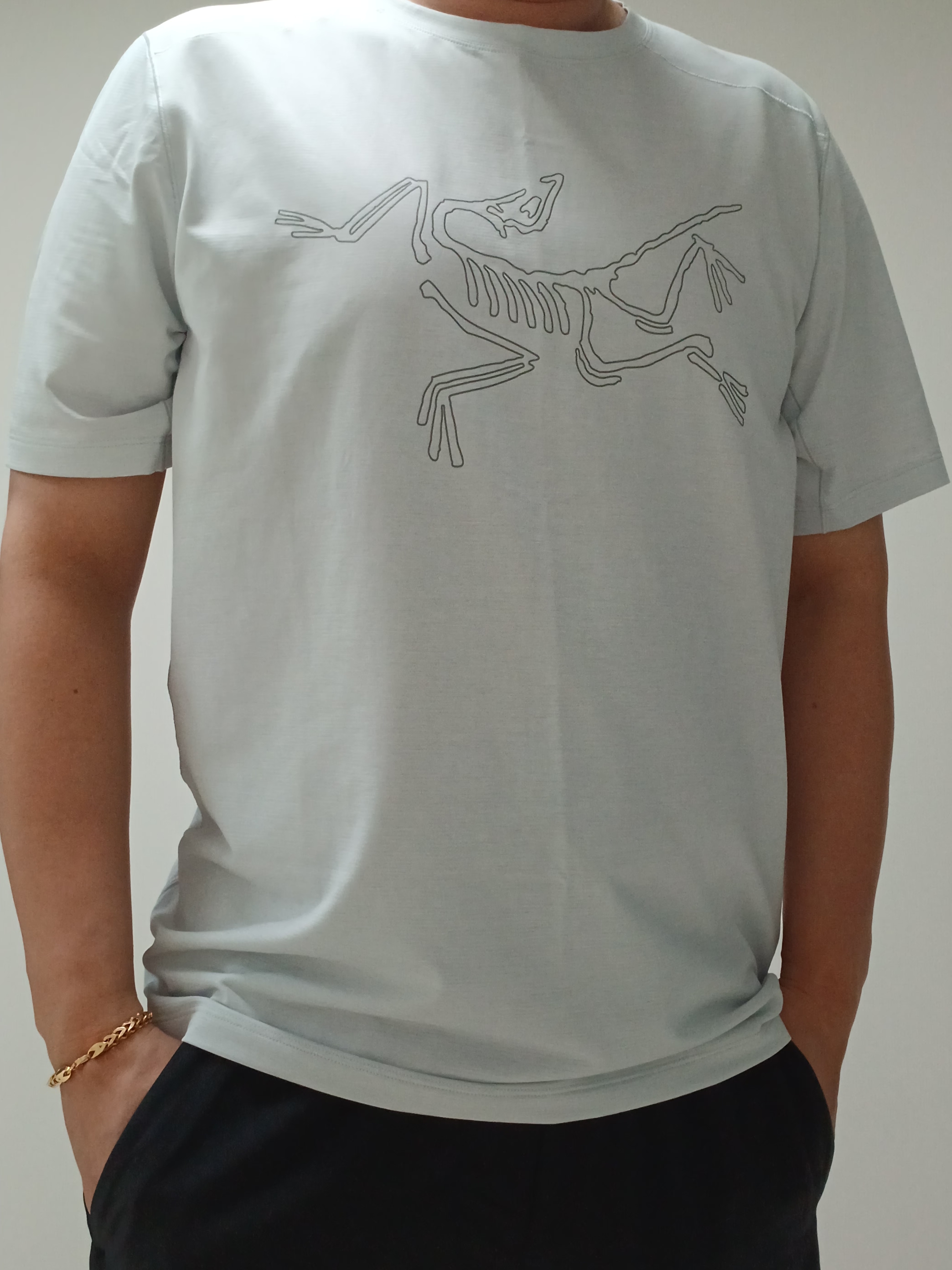 Arc'teryx Cormac Logo SS T-Shirt Atmos Heather, Lululemon Pace Breaker Linerless Shorts 5 Inch Black 착용 스타일 - 3