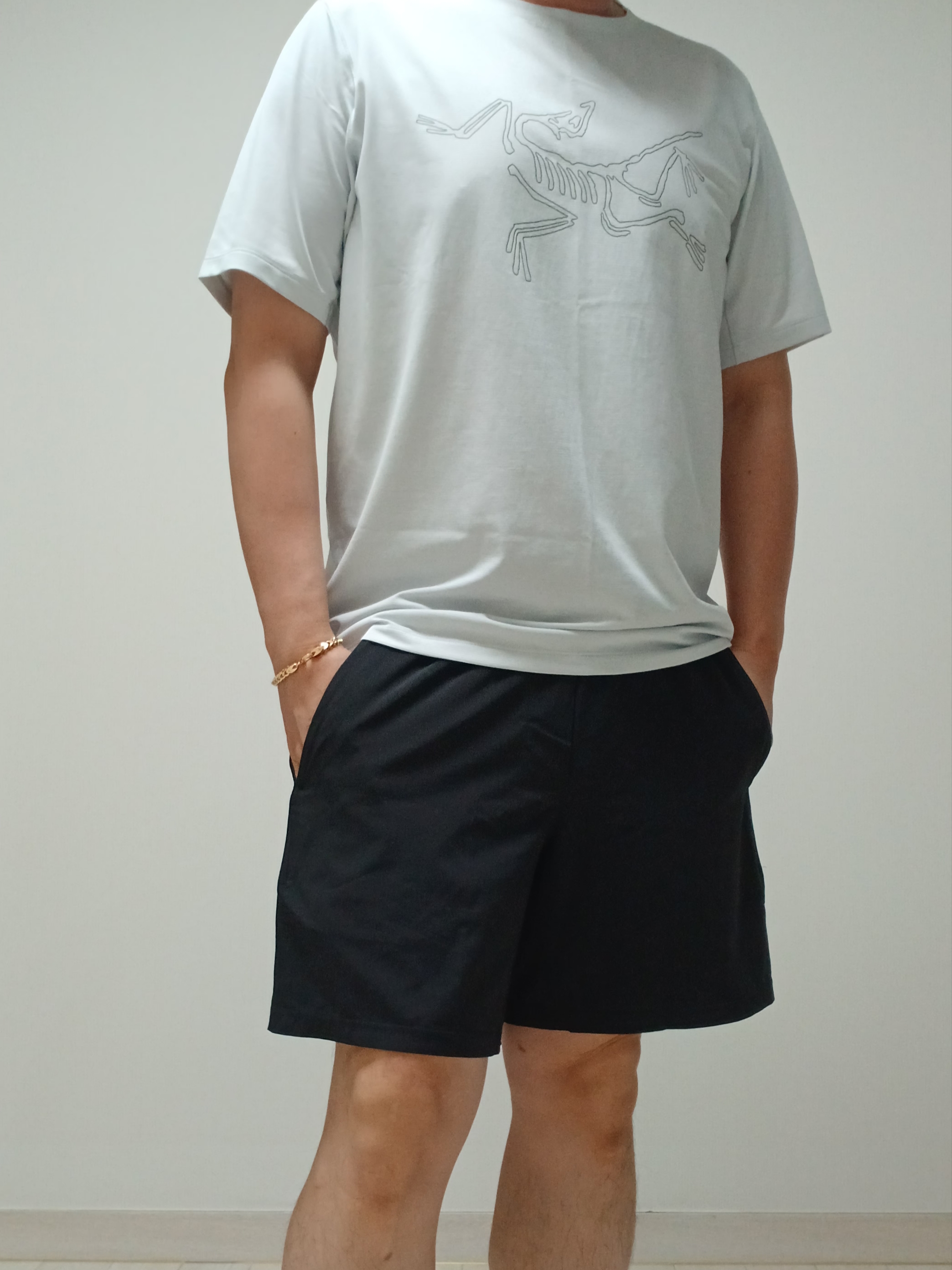 Arc'teryx Cormac Logo SS T-Shirt Atmos Heather, Lululemon Pace Breaker Linerless Shorts 5 Inch Black 착용 스타일 - 5
