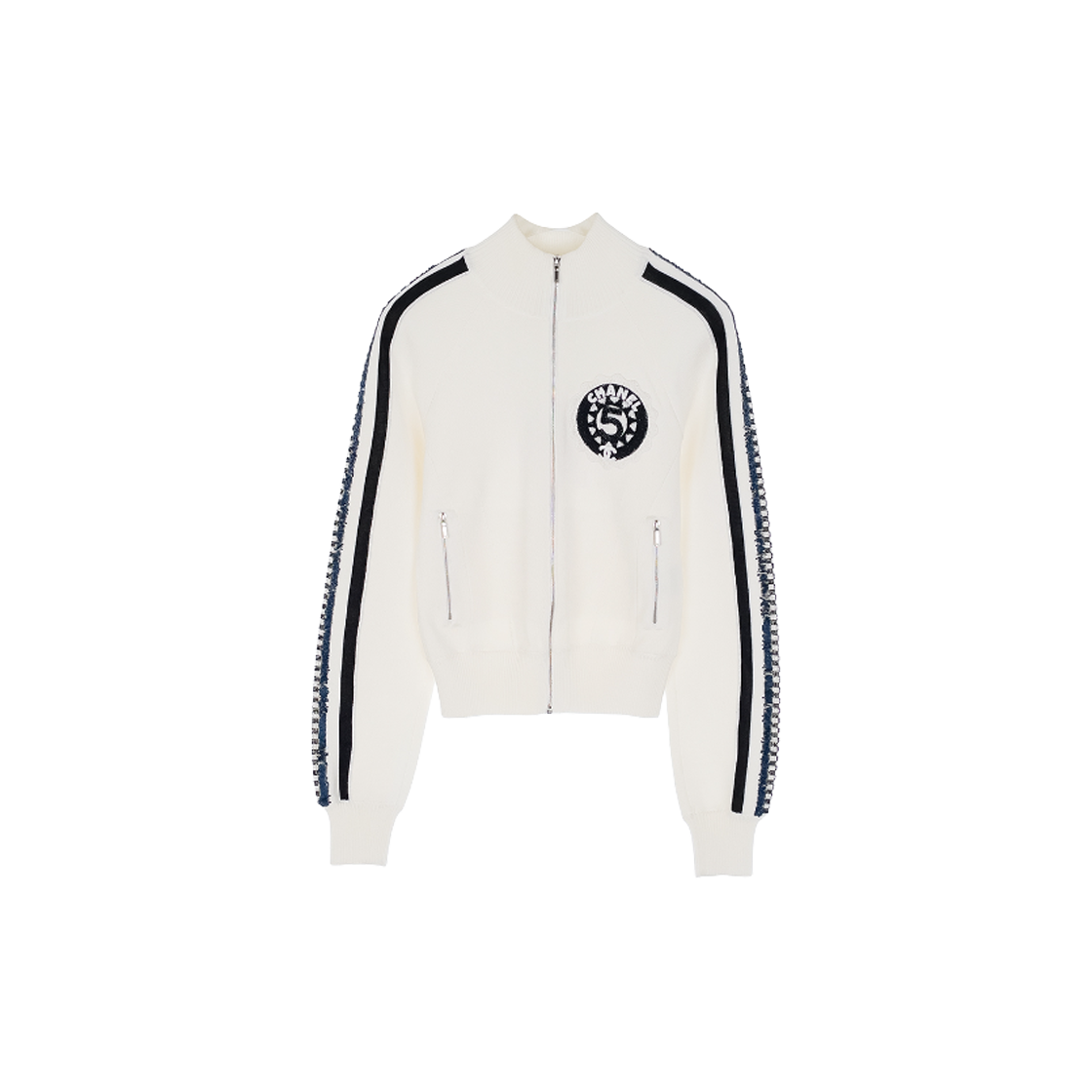 ITVWKFQ5GKL6 Chanel 23C 5 Patch Track Zip Up Jacket 34 Ivory Black