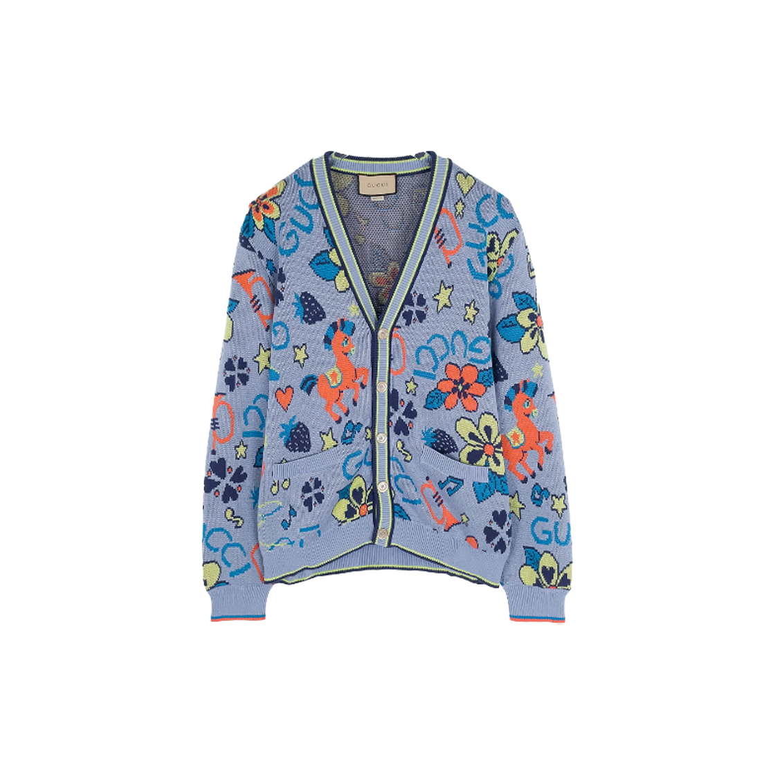 IT4I9RNLN7D8 Gucci Lettering Pattern Cotton Mens Cardigan XL Light Blue Multicolor