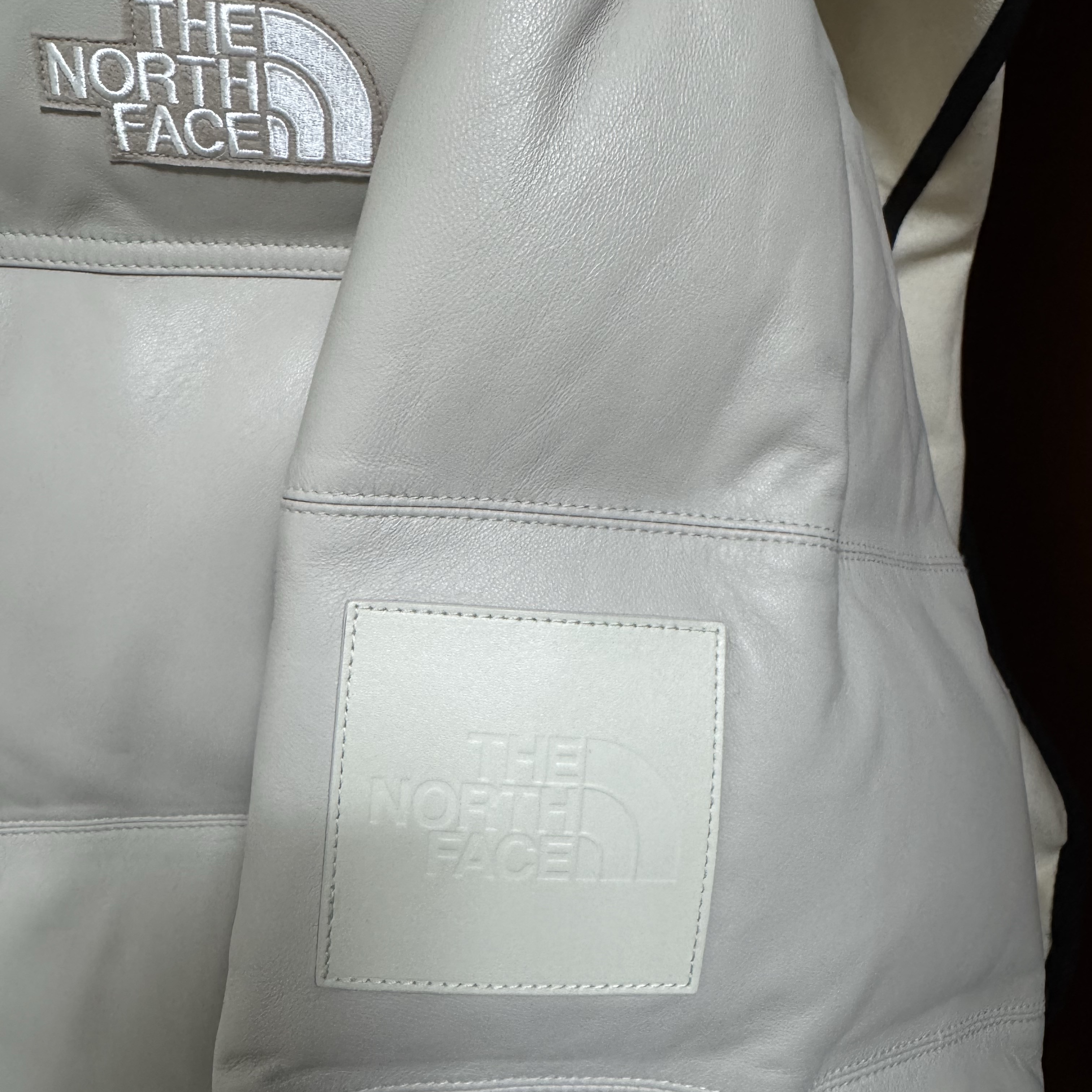 The North Face White Label Leather Nuptse Down Jacket Beige 착용 스타일 - 2