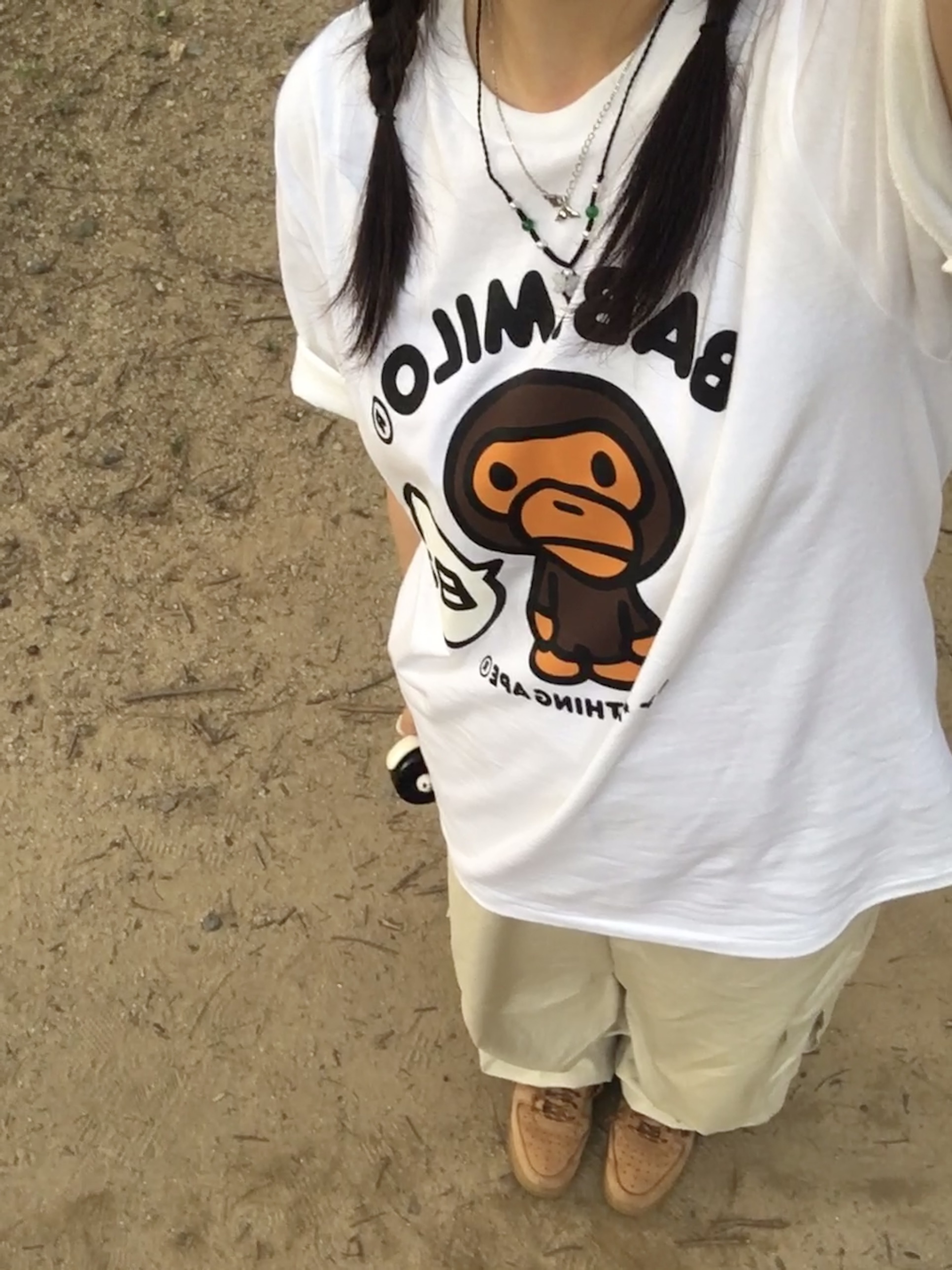 Nike Air Force 1 '07 WB Flax, BAPE Japan Baby Milo T-Shirt #2 White 착용 스타일