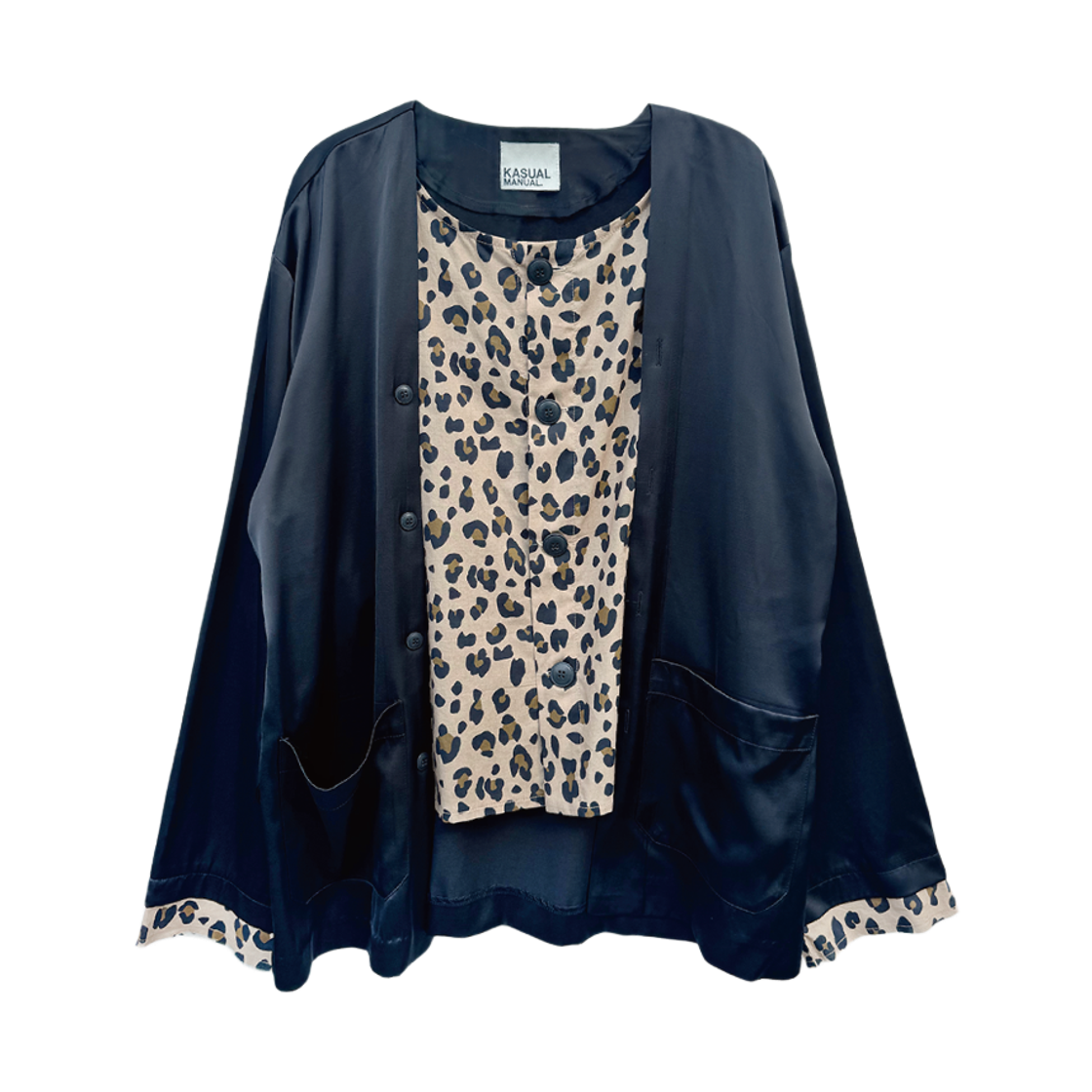 km25fw11 Kasual Manual Satin Leopard Layered Shirt Black