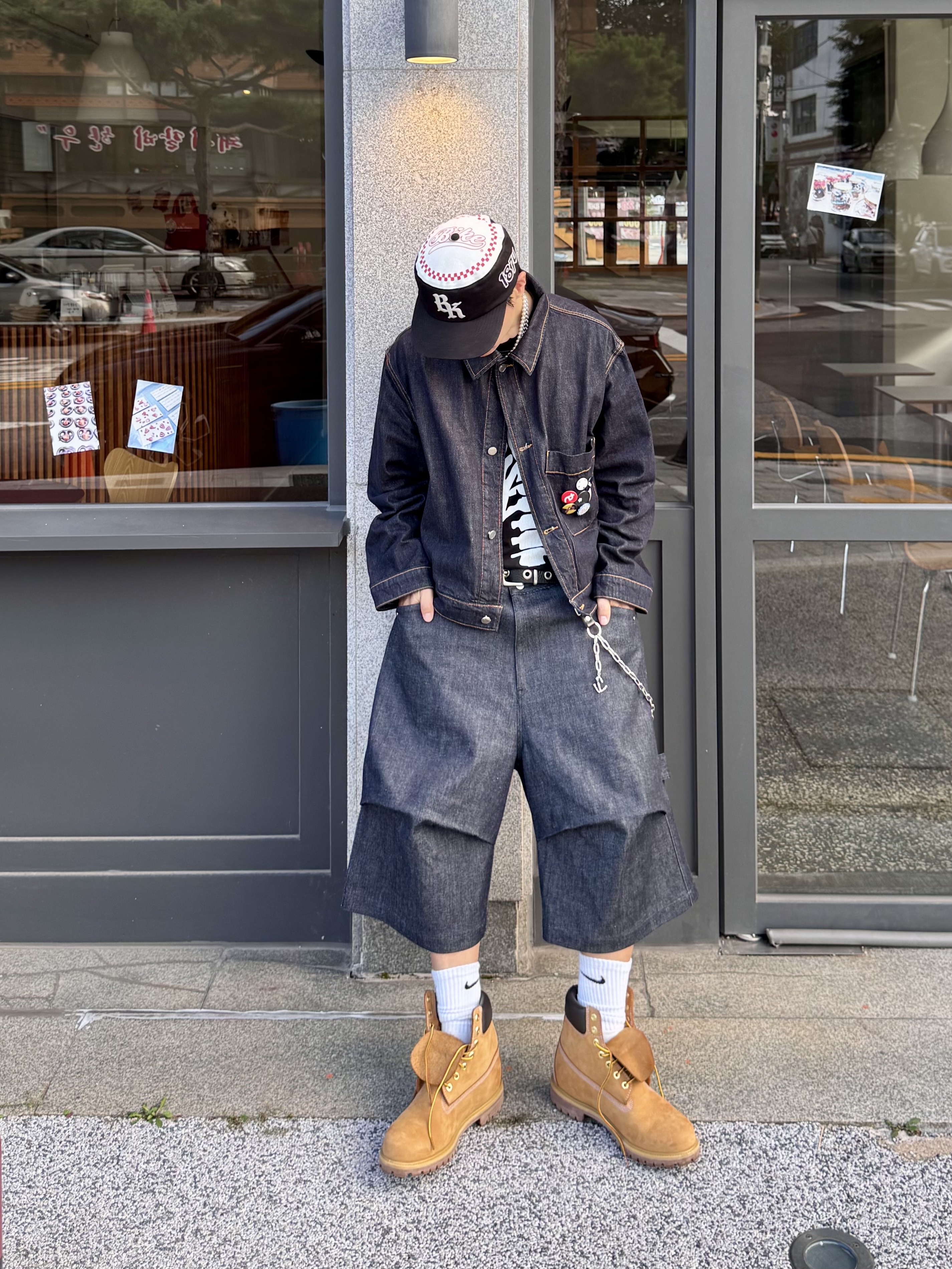 Nonnod Alpine Carpenter Raw Selvedge Denim Shorts Indigo, Timberland Premium 6 inch Waterproof Boot Wheat Nubuck - Wide 착용 스타일 - 1