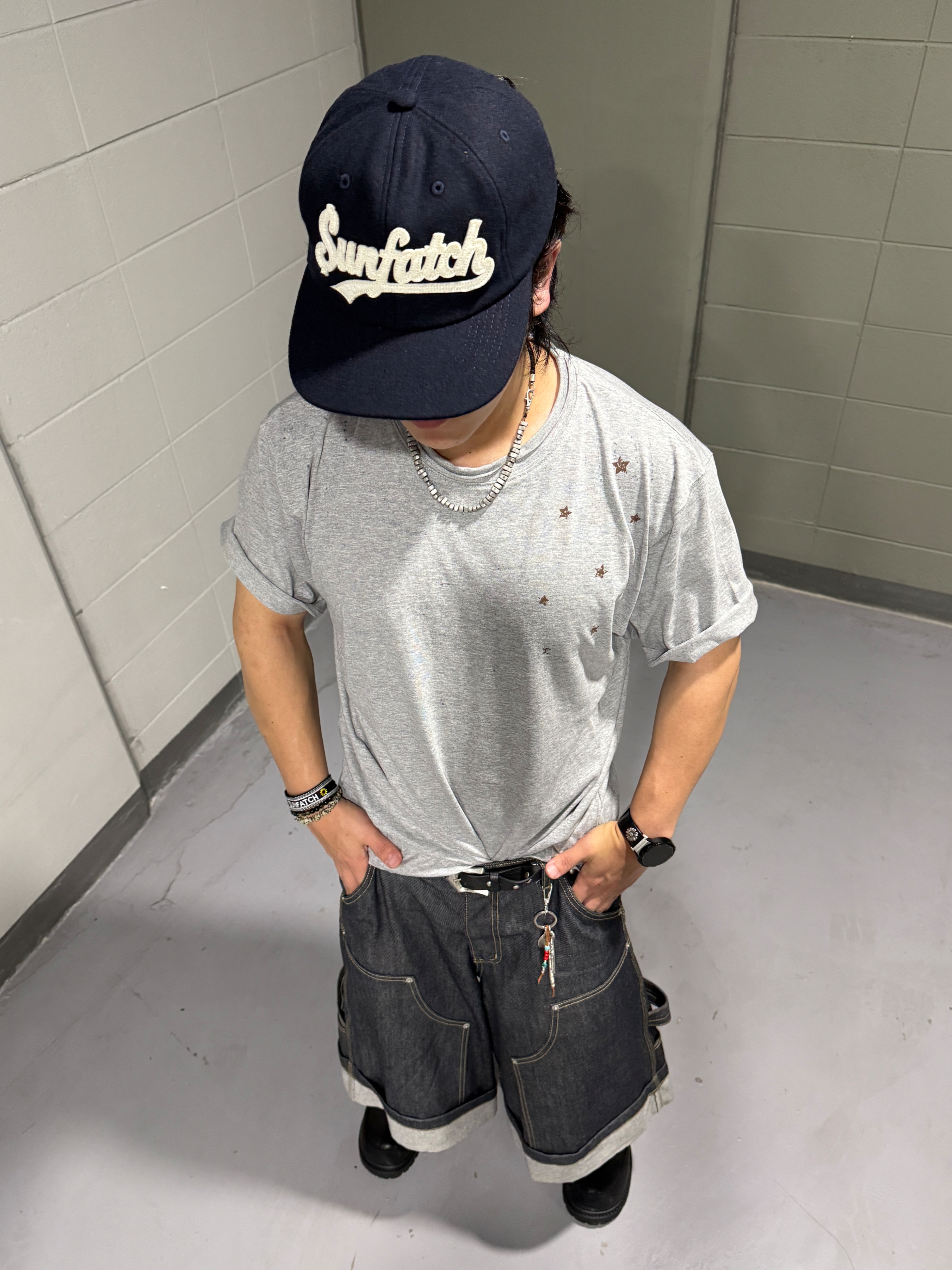GRAILZ x KOIN SEOUL Carpenter Bermuda Denim Pants Indigo, Hatchingroom Stone Ball 3way Bracelet 착용 스타일 - 2