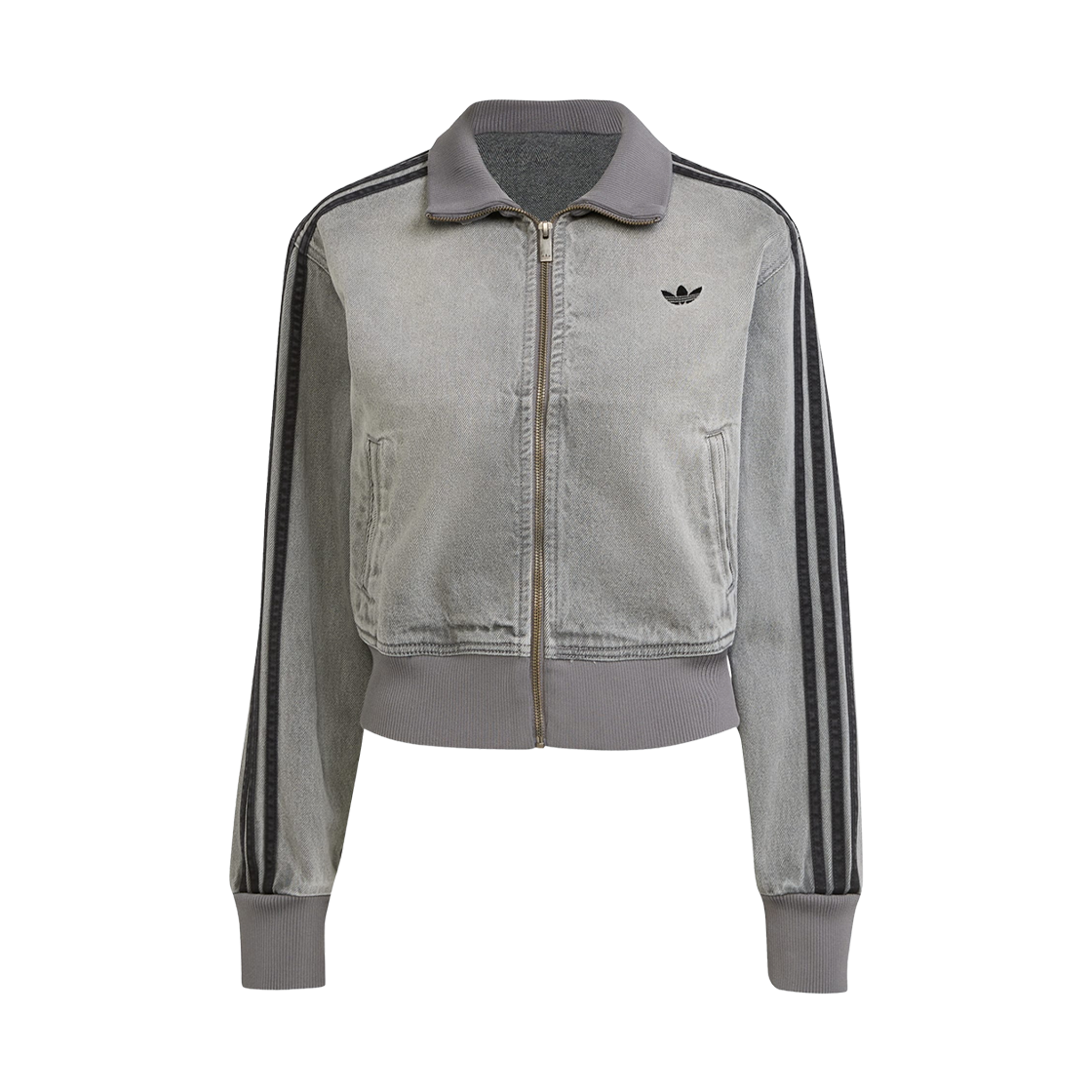 (W) 아디다스 아디컬러 데님 트랙탑 워시드 그레이 데님 - KR 사이즈((W) Adidas Adicolor Denim Track Top Washed Grey Denim - KR Sizing)