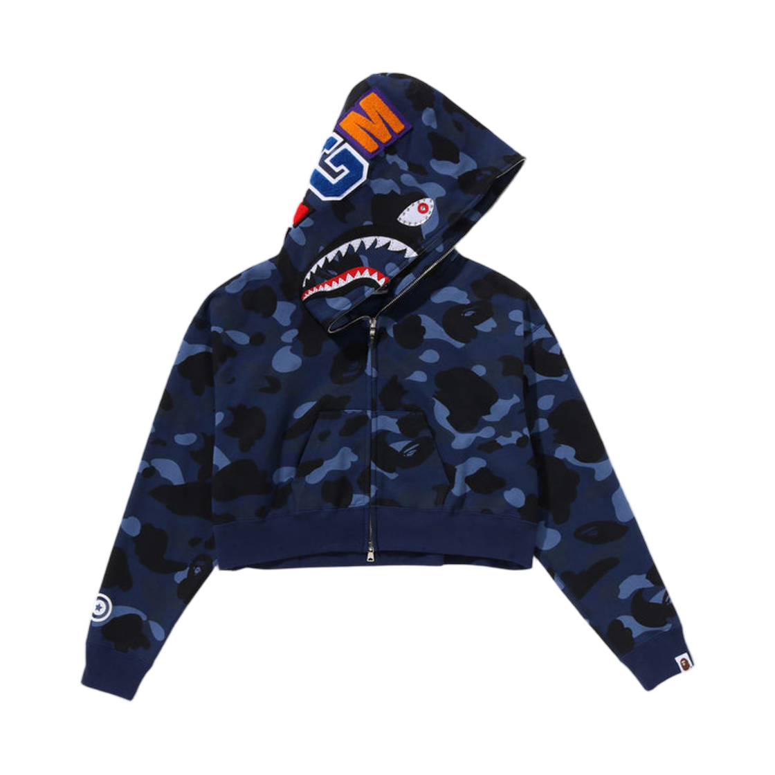 (W) 베이프 컬러 카모 크리스탈 스톤 샤크 크롭 풀 집 후드 네이비((W) BAPE Color Camo Crystal Stone Shark Cropped Full Zip Hoodie Navy) - 1