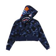 (W) BAPE Color Camo Crystal Stone Shark Cropped Full Zip Hoodie Navy