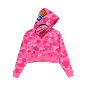 (W) BAPE Color Camo Crystal Stone Shark Cropped Full Zip Hoodie Pink