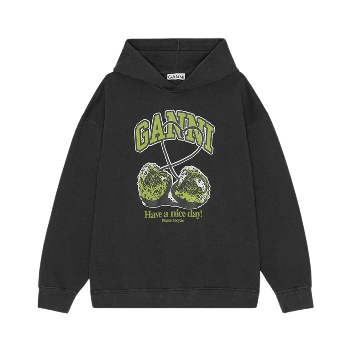 (W) 가니 클래식 드롭 숄더 체리 프린트 후드 팬텀((W) Ganni Classic Drop Shoulder Cherry Print Hoodie Phantom)