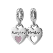 (W) Pandora Double Heart Split Dnagle Charm Sterling Silver Pink