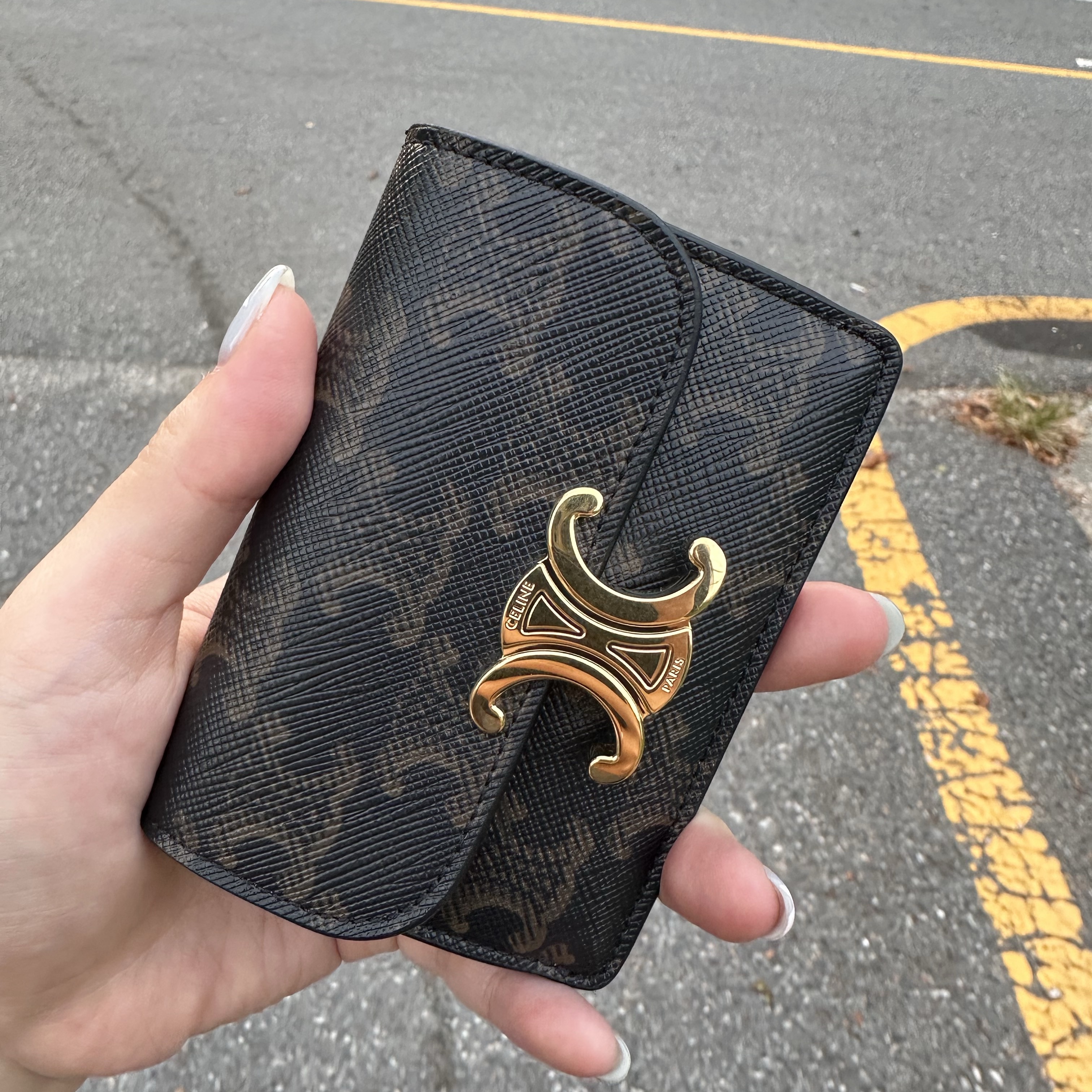 Celine Card Holder with Flap in Triomphe Canvas Tan 착용 스타일 - 3