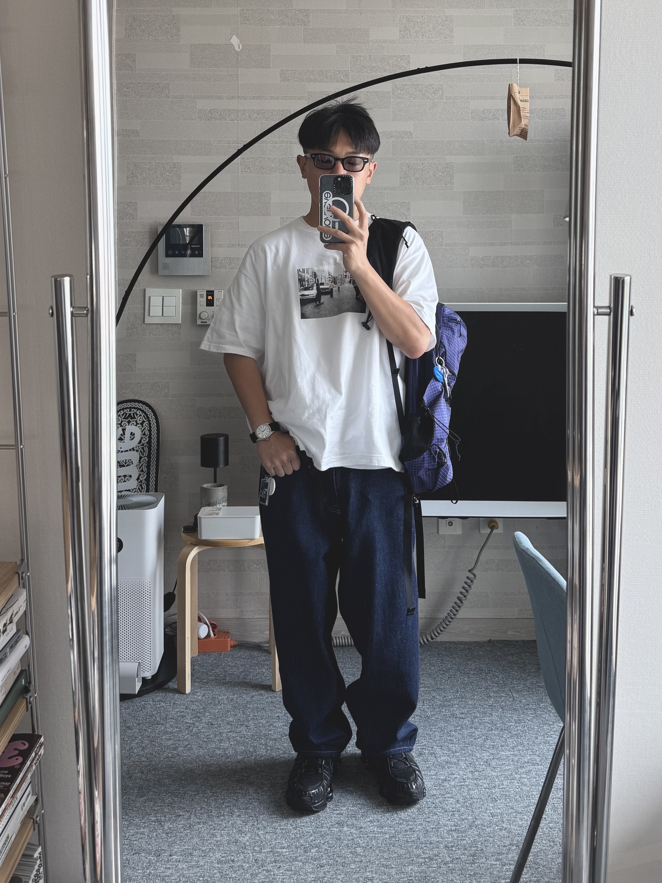 Supreme Crew 96 T-Shirt White - 24SS, (W) Nike Shox TL Black and Max Orange 착용 스타일 - 3