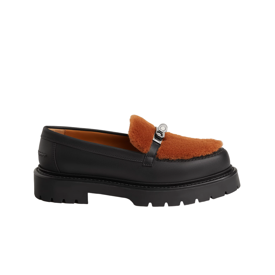 H242101Z04 (W) Hermes Mocassins Icone Loafer Calfskin Sheepskin & Palladium Noir Naturel