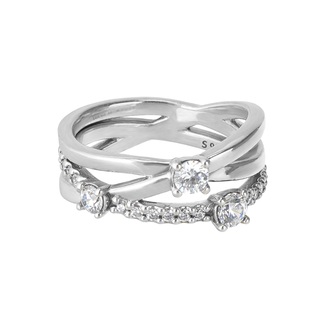 (W) 판도라 스파클링 트리플 밴드 링 스털링 실버 클리어