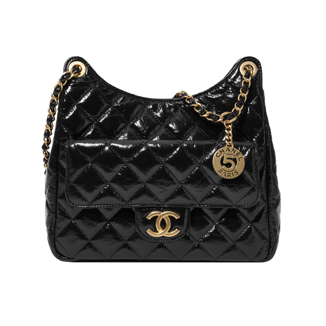 샤넬 호보 핸드백 샤이니 크럼플드 카프스킨 & 골드 메탈 블랙(Chanel Hobo Handbag Shiny Crumpled Calfskin & Gold Black)