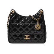 Chanel Hobo Handbag Shiny Crumpled Calfskin & Gold Black