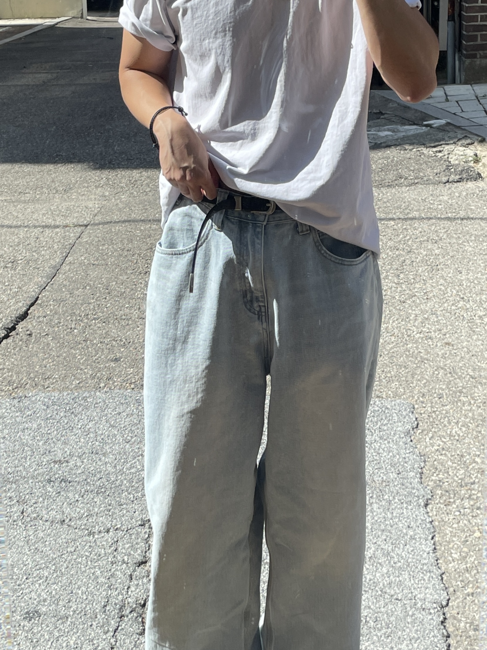 noun Wide Denim Pants Light Blue 착용 스타일 - 4