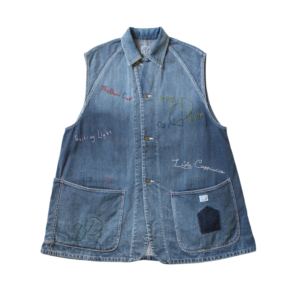 캐피탈 12온즈 데님 슬리브리스 질레 커버올 메모리얼 자수 모델 프로세싱(Kapital 12 oz. Denim Sleeveless Gilet Coverall Memorial Embroidery Model Processing) - 1