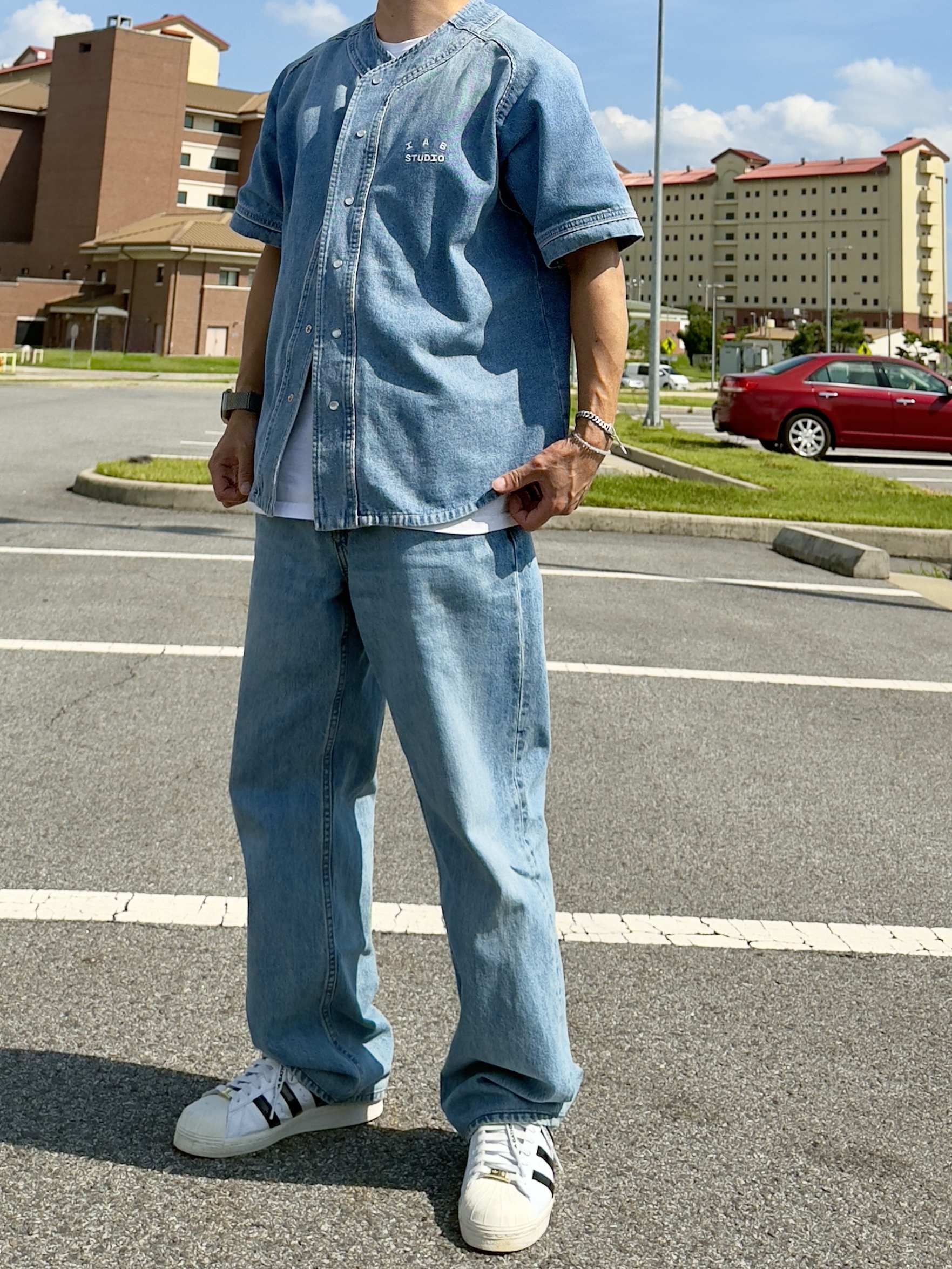 IAB Studio Denim Baseball Jersey Blue, Adidas x BAPE Superstar Vintage Cloud White Core Black 착용 스타일