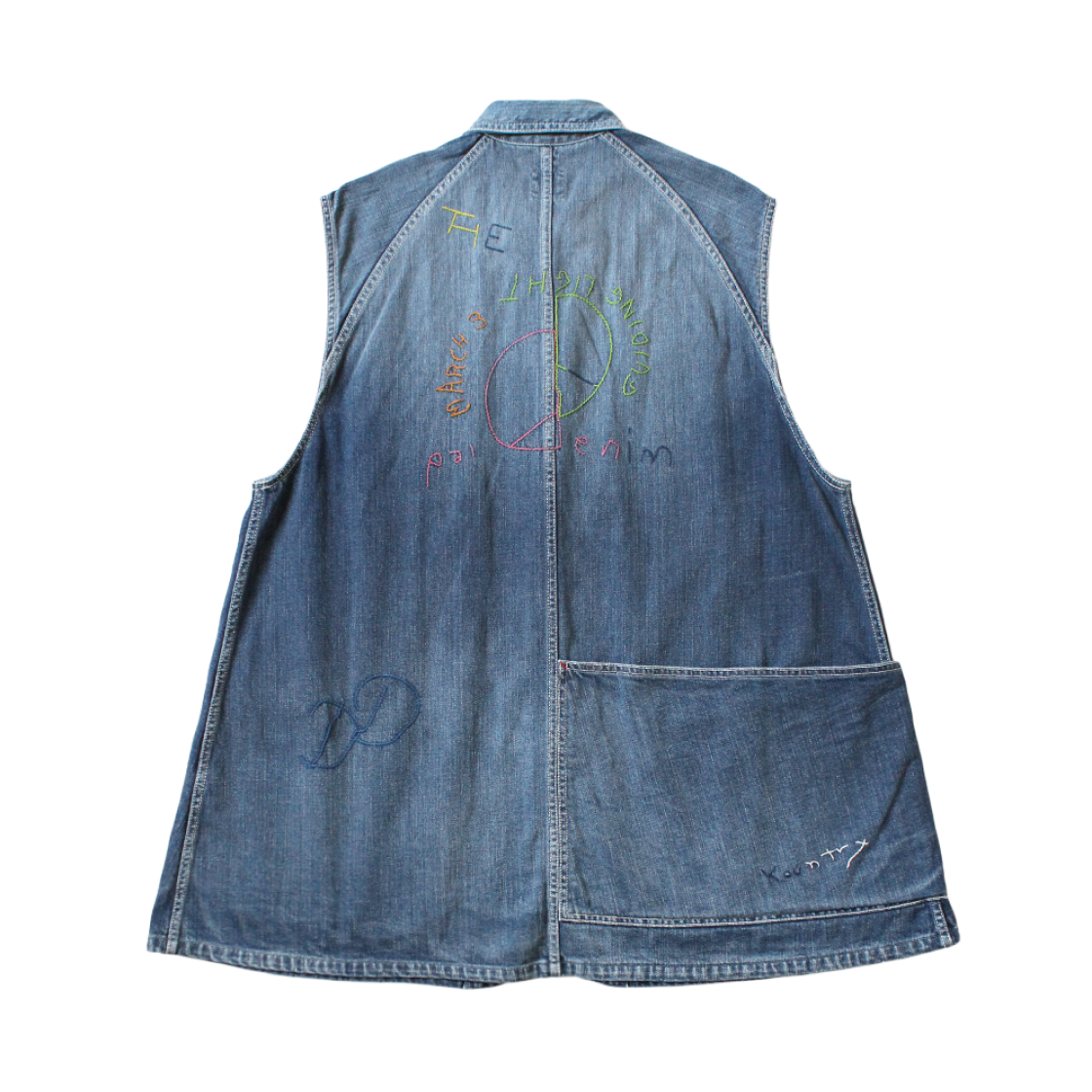 캐피탈 12온즈 데님 슬리브리스 질레 커버올 메모리얼 자수 모델 프로세싱(Kapital 12 oz. Denim Sleeveless Gilet Coverall Memorial Embroidery Model Processing) - 2