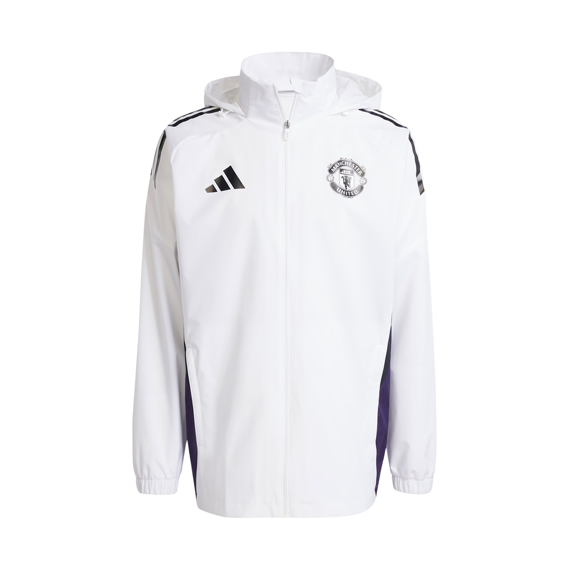 아디다스 맨체스터 유나이티드 티로 25 컴피티션 올 웨더 자켓 화이트 오로라 플럼  - KR 사이즈(Adidas Manchester United Tiro 25 Competition All-Weather Jacket White Aurora Plum - KR Sizing)